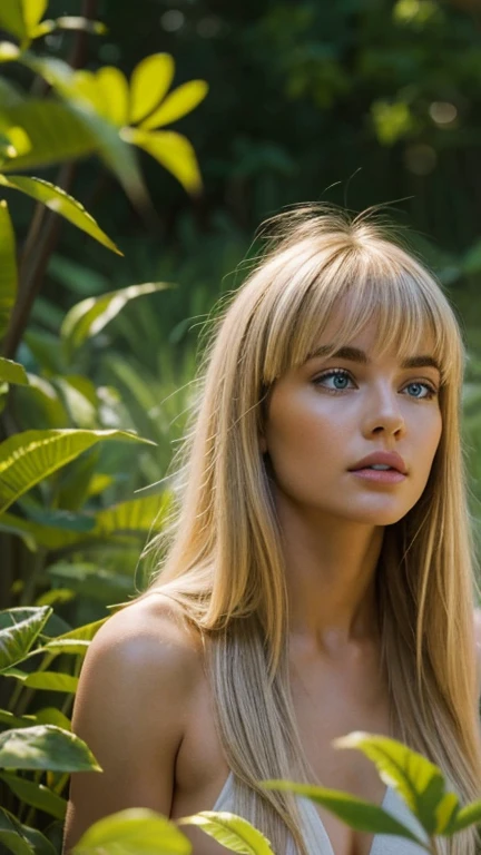 full body view of a hyper-realistic scene in which a beautiful blonde nude woman with bangs examines the flora and fauna of America, expression of astonishment on her face, 8k, CinematicLight, Photo realistic, masterpiece, 35mm,