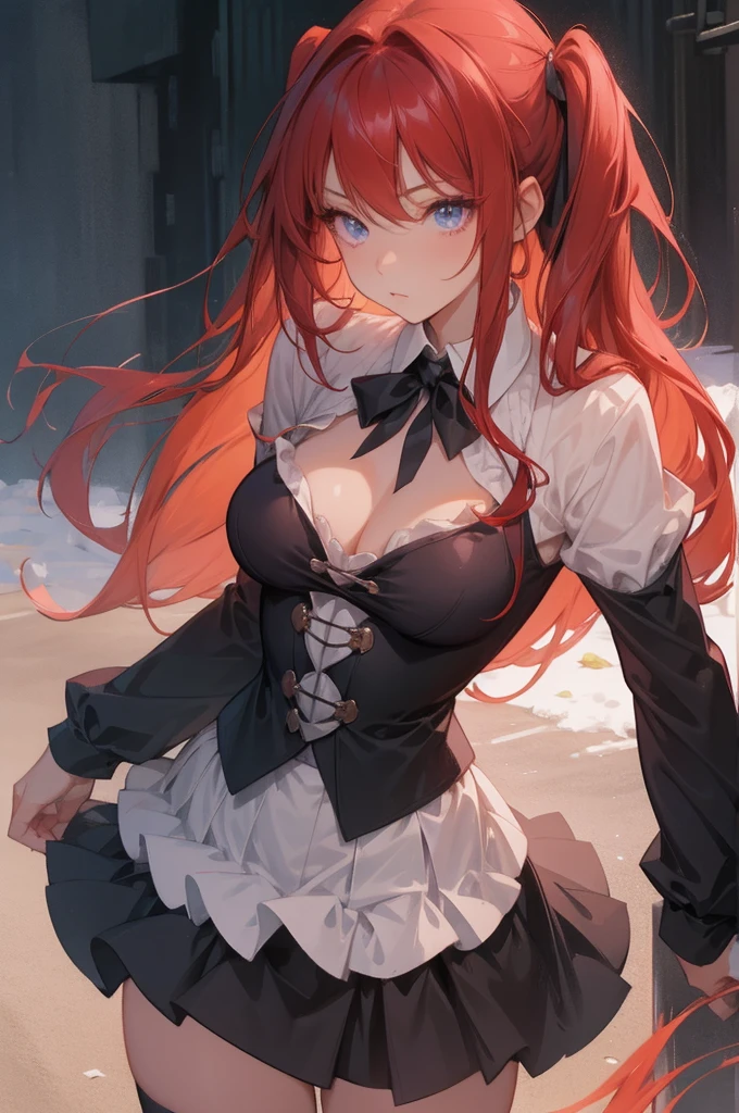 masterpiece, best quality, high quality, highres, outdoors, day, upper body, looking at viewer, solo, focused, BREAK, ANIME_DxD_Rias_Gremory_ownwaifu, 1girl, bangs, long hair, red hair, breasts, large breasts, rias gremory, blue eyes, hair between eyes, very long hair, collarbone, hair intakes, hair over breasts, black capelet, black corset, collared shirt, kuoh academy , layered skirt, underbust, , skirt, shirt, long sleeves, purple skirt, ribbon, miniskirt, neck ribbon, thighhighs, black ribbon, bright eyes
