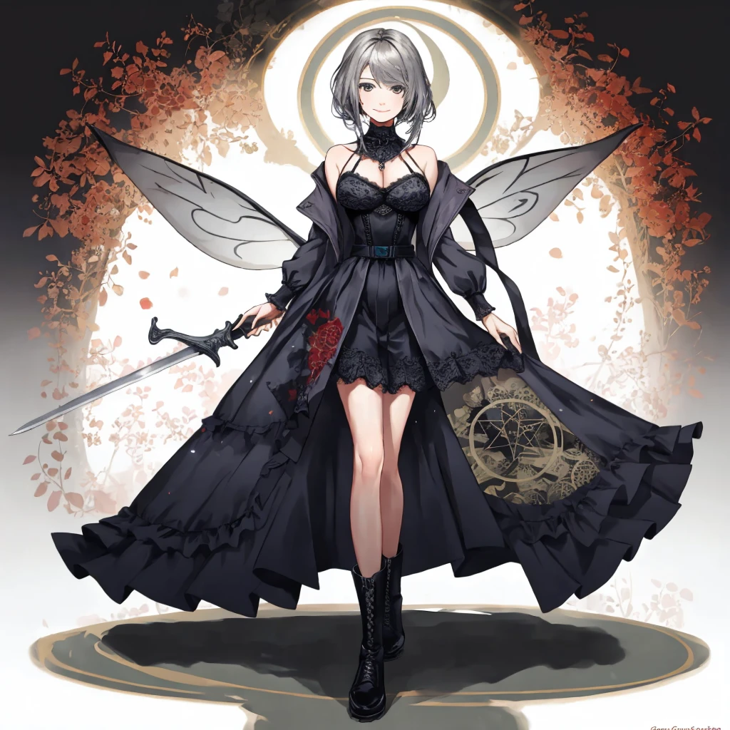  ((best quality)), ((masterpiece)), (detailed), 1girl, Character design, female, dynamic poses, long white grey hair, grey white eyes, very skinny, detailed, best quality, no accesoires around the neck, prominent collarbones, skinny arms, full body, blank white background, plain background, white background, ((red and white clothing)), Bloodborne inspired, occult aesthetic, occult, detailed and intricate steampunk and detailed gothic, Very dramatic and cinematic lighting, cosmic horror, grim-dark, side-lighting, perfect face,  Fluttering lace flared long knee length dress with frilly petticoats, knee length dress, pleated petticoats, petticoats gothic, complex lace boots, side-lighting, gothic aesthetic, wielding a mighty sword with mechanical components, mandalas, small breasts, a fairy, various different types of insect wings,full body, whole body, white holy clothes,white holy clothes,((evil smile)),