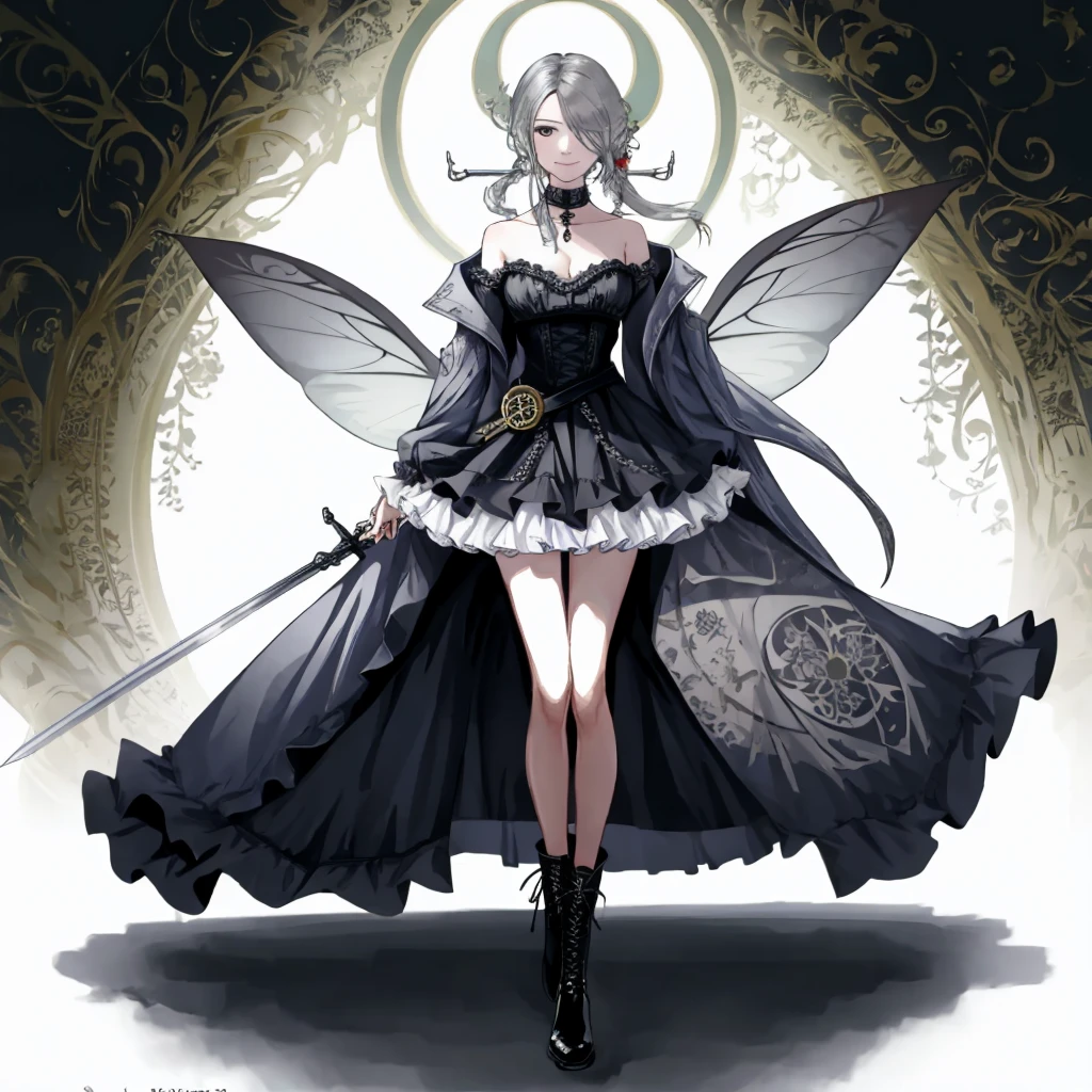  ((best quality)), ((masterpiece)), (detailed), 1girl, Character design, female, dynamic poses, long white grey hair, grey white eyes, very skinny, detailed, best quality, no accesoires around the neck, prominent collarbones, skinny arms, full body, blank white background, plain background, white background, ((red and white clothing)), Bloodborne inspired, occult aesthetic, occult, detailed and intricate steampunk and detailed gothic, Very dramatic and cinematic lighting, cosmic horror, grim-dark, side-lighting, perfect face,  Fluttering lace flared long knee length dress with frilly petticoats, knee length dress, pleated petticoats, petticoats gothic, complex lace boots, side-lighting, gothic aesthetic, wielding a mighty sword with mechanical components, mandalas, small breasts, a fairy, various different types of insect wings,full body, whole body, white holy clothes,white holy clothes,((evil smile)),