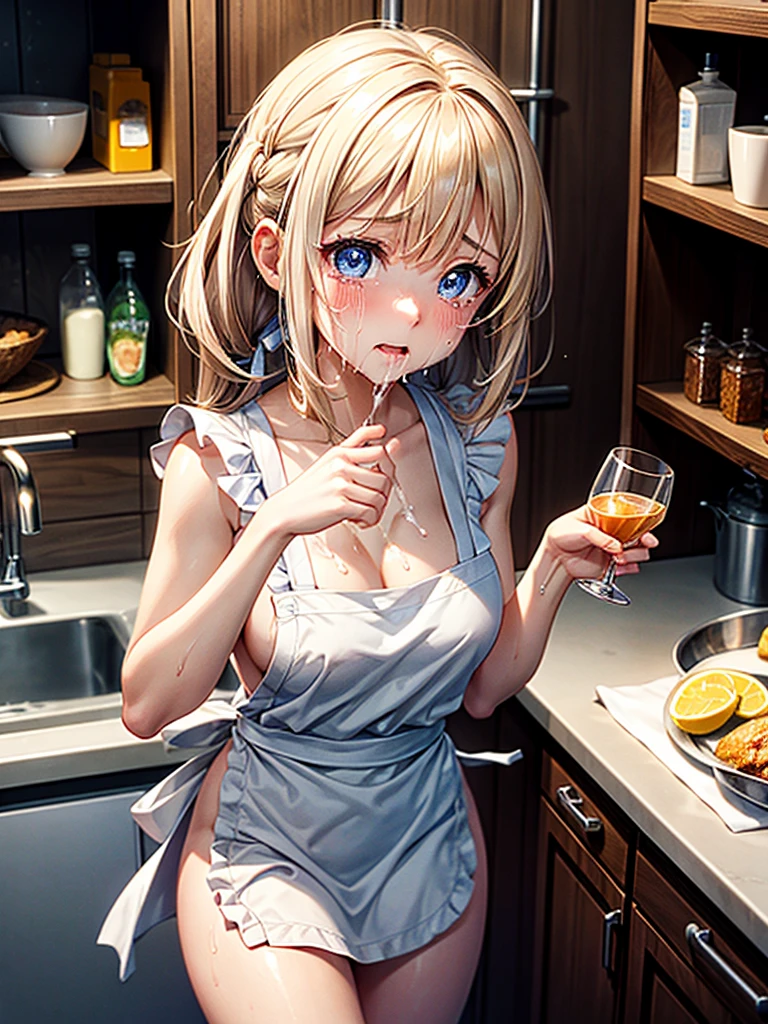 Highest Resolution,Highest quality,A beautiful girl with a crying face drinking a glass of water in a nude apron,kitchen,Tears,Open your mouth and drool,whole body,front,Sweat profusely,Beautiful eyes,Lots of saliva,