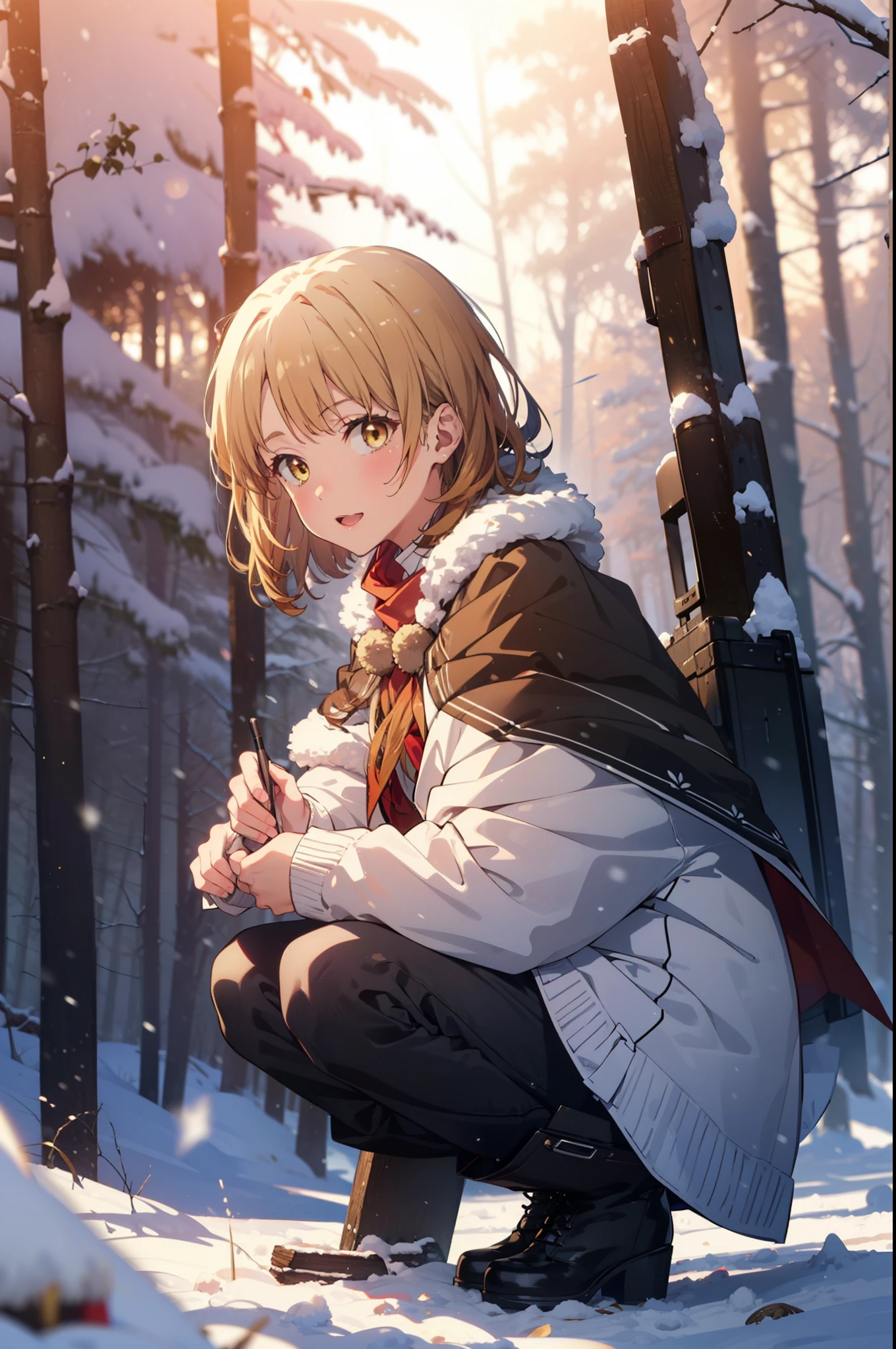 Irohaisshiki, isshiki iroha, short hair, Brown Hair, (Brown eyes:1.5), smile,
Open your mouth,snow, fire, Outdoor, boots, snowing, From the side, wood, suitcase, Cape, Blurred, Eat food, forest,nature, Brown eyes,Squat, Mouth closed, フードed Cape, winter, Written boundary depth, Black shoes, red Cape break looking at viewer, Upper Body, whole body, break Outdoor, forest, nature, break (masterpiece:1.2), Highest quality, High resolution, unity 8k wallpaper, (shape:0.8), (Beautiful and beautiful eyes:1.6), Highly detailed face, Perfect lighting, Extremely detailed CG, (Perfect hands, Perfect Anatomy),