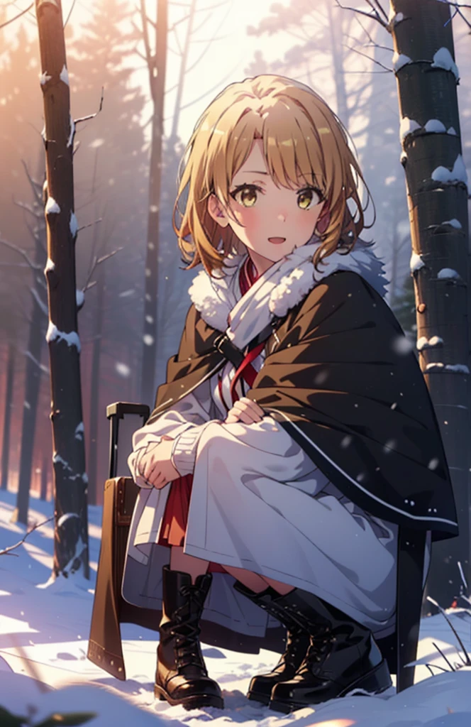 Irohaisshiki, isshiki iroha, short hair, Brown Hair, (Brown eyes:1.5), smile,
Open your mouth,snow, fire, Outdoor, boots, snowing, From the side, wood, suitcase, Cape, Blurred, Eat food, forest,nature, Brown eyes,Squat, Mouth closed, フードed Cape, winter, Written boundary depth, Black shoes, red Cape break looking at viewer, Upper Body, whole body, break Outdoor, forest, nature, break (masterpiece:1.2), Highest quality, High resolution, unity 8k wallpaper, (shape:0.8), (Beautiful and beautiful eyes:1.6), Highly detailed face, Perfect lighting, Extremely detailed CG, (Perfect hands, Perfect Anatomy),