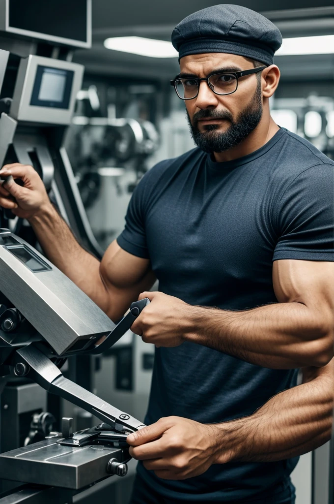 A man wearing glasses, barba , forward cap, arms a little strong, in different hand , bring a machine and some scissors