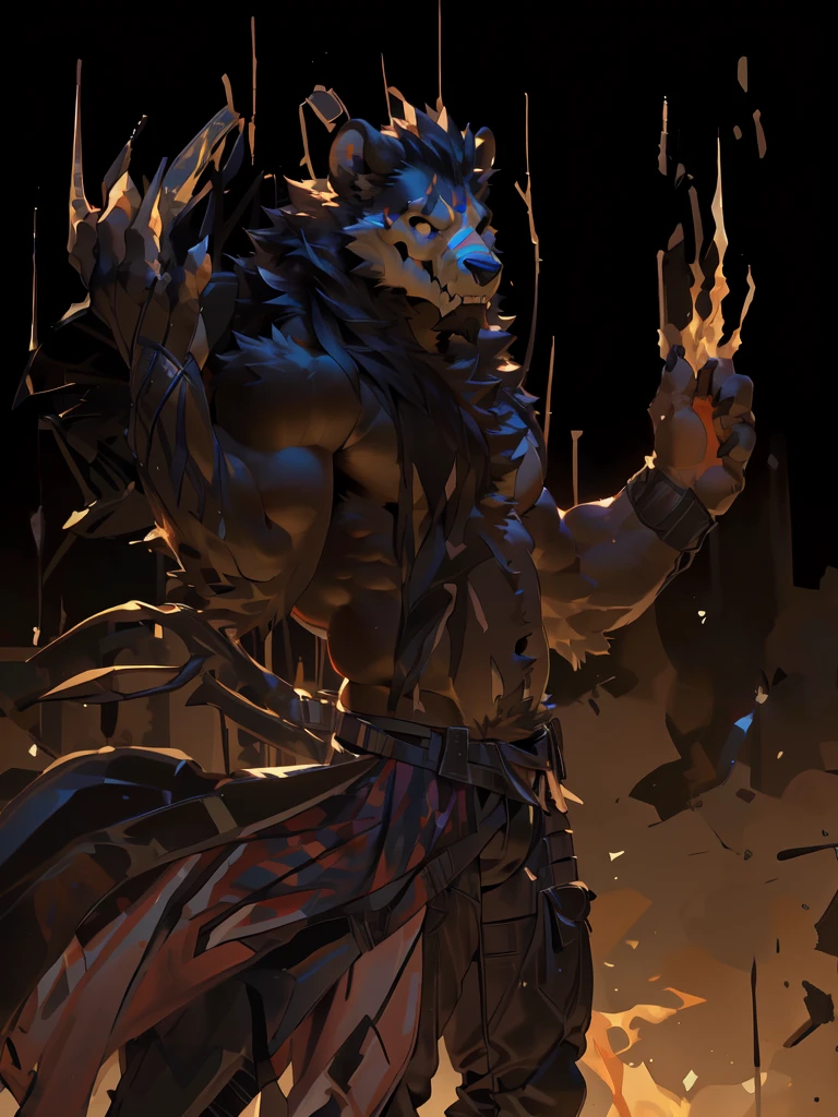 (by taran fiddler), (by darkgem:0.8), (by null-ghost), (by raccoon 21) masterpiece, solo, anthro, furry, furry male, skull-faces wolf, wolf, ((fluffy fur, tall, fluffy, furry body)), (ninja outfit, lion print, bull print), yellow eyes, long hair, black hair, wolf tail, ((white wolf skull face, dark brown body, black facial hair)), black sideburns, back long hair, detailed fluffy fur, detailed face, detailed eyes, pointy ears, no shirt, (furry pectorals:1.1),  full body, no shirt, collar, (by null-ghost,by raccoon21, masterpiece, high quality, hi res,8k HD), standing, close-view portrait, looking at viewer, night, fiery background outdoor, 4 fingers, one thumb