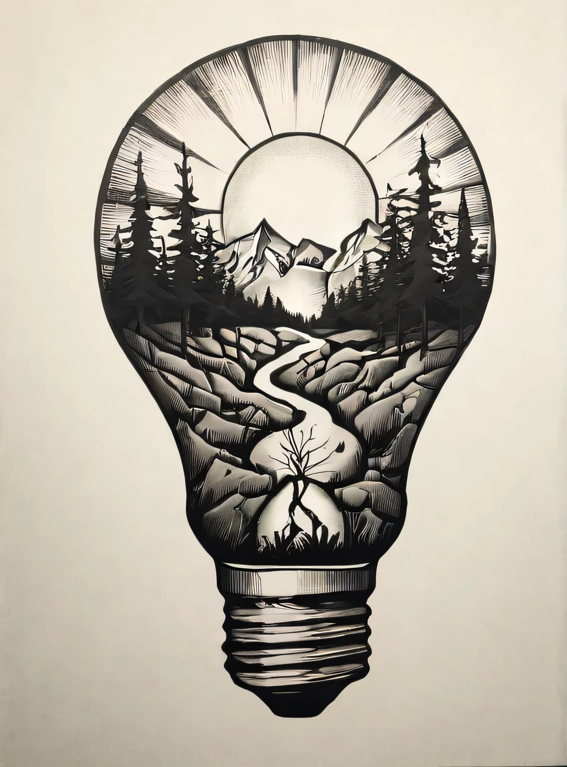 drawing of a minimalist tattoo, landscape inside a broken light bulb