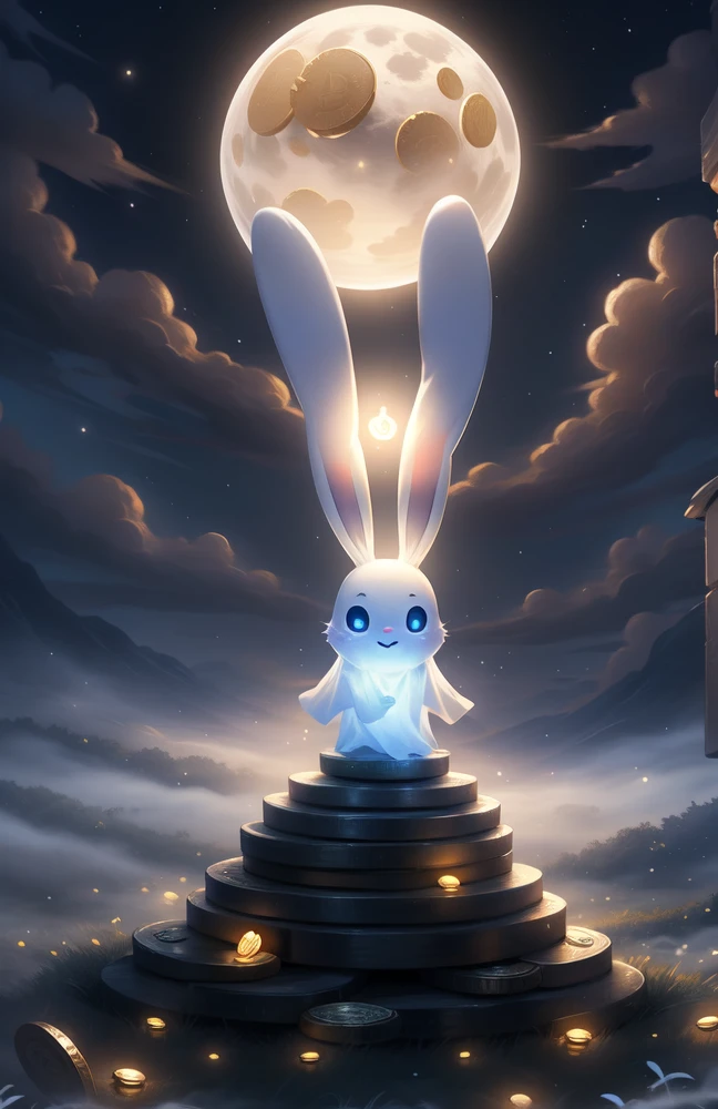 (((Ghost Bunny ))) Cute sky creatures, Standing in the meadow at night, Bitcoin, Coins pile up, Coin Mountain, moonlight,Magic in the air,Calm and peaceful atmosphere,Signs of fog in the distance,Great quality,Infinite photorealistic detail