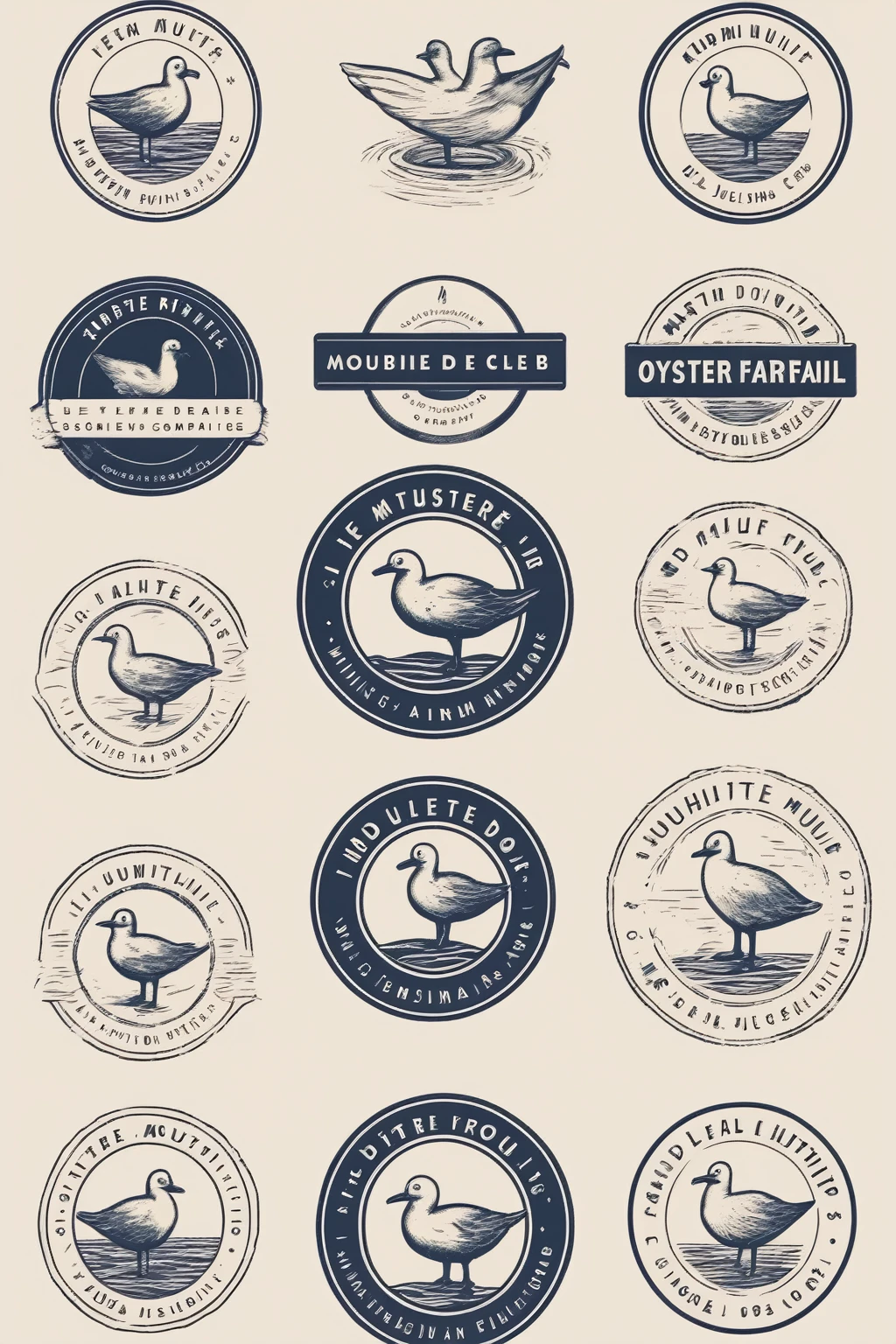 MINIMALIST, CIRCLE LOGO, TAMPON A ENCRE LOGO CIRCULAIRE, LE MOINS DE détail POSSIBLE , design oyster FARM company old school retro 1970 MOUETTE/HUITRES