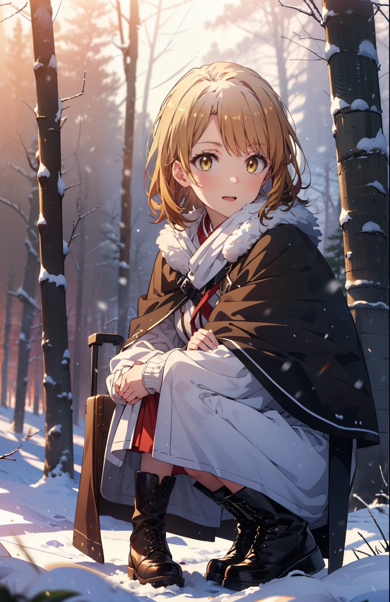Irohaisshiki, isshiki iroha, short hair, Brown Hair, (Brown eyes:1.5), smile,
Open your mouth,snow, fire, Outdoor, boots, snowing, From the side, wood, suitcase, Cape, Blurred, Eat food, forest,nature, Brown eyes,Squat, Mouth closed, フードed Cape, winter, Written boundary depth, Black shoes, red Cape break looking at viewer, Upper Body, whole body, break Outdoor, forest, nature, break (masterpiece:1.2), Highest quality, High resolution, unity 8k wallpaper, (shape:0.8), (Beautiful and beautiful eyes:1.6), Highly detailed face, Perfect lighting, Extremely detailed CG, (Perfect hands, Perfect Anatomy),