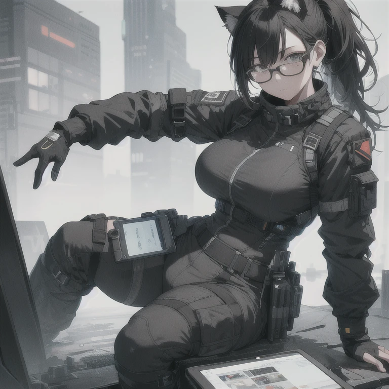 Absurd resolution, high resolution, (masterpiece: 1.4), hyper-detail, full body shot, solo, 1 kemono feline cat woman, humanoid, no skin other than neck and head shown, black hair, glasses, messy ponytail, cute face, detailed soft grey eyes, huge massive hyper super swollen breasts that cover her whole torso and are bigger than her head while being so big they reach her belly button, extremely super large bust, wide full hips, narrower torso and shoulders, smaller torso, full thicc big soft thighs, big rounded full soft butt, ruggedized utility styled outfit, full body outfit coverage with no skin showing or revealed, monochrome black and grey fullbody covering protective padding rugged utility suit with white chest, practical/functional clothing, weather-proof durable clothing material, nylon clothing material, custom made clothing to fit and support large breasts, scifi padded rugged high collar techwear jacket, white and black triangular decals and techwear iconography on apparel and clothing, techwear gloves, arm mounted strapped display scifi tablet/communication device/computer, rugged tablet display mounted on MOLLE strap on top of her bust, ruggedized computer tablet mounted above her breasts, screen display mounted on top of her chest, ruggedized tech, ruggedized tech aesthetic, fitted utility pants, utility chaps, near future scifi, cyberpunk aesthetic, anime aesthetic
