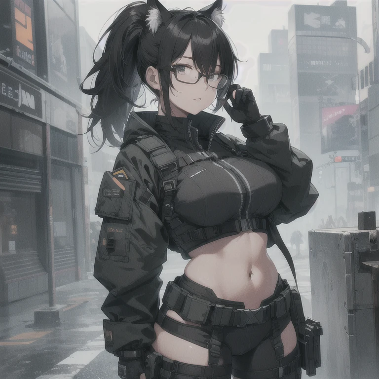 Absurd resolution, high resolution, (masterpiece: 1.4), hyper-detail, full body shot, solo, 1 kemono feline cat woman, humanoid, no skin other than neck and head shown, black hair, glasses, messy ponytail, cute face, detailed soft grey eyes, huge massive hyper super swollen breasts that cover her whole torso and are bigger than her head while being so big they reach her belly button, extremely super large bust, wide full hips, narrower torso and shoulders, smaller torso, full thicc big soft thighs, big rounded full soft butt, ruggedized utility styled outfit, full body outfit coverage with no skin showing or revealed, monochrome black and grey fullbody covering protective padding rugged utility suit with white chest, practical/functional clothing, weather-proof durable clothing material, nylon clothing material, custom made clothing to fit and support large breasts, scifi padded rugged high collar techwear jacket, white and black triangular decals and techwear iconography on apparel and clothing, techwear gloves, arm mounted strapped display scifi tablet/communication device/computer, rugged tablet display mounted on MOLLE strap on top of her bust, ruggedized computer tablet mounted above her breasts, screen display mounted on top of her chest, ruggedized tech, ruggedized tech aesthetic, fitted utility pants, utility chaps, near future scifi, cyberpunk aesthetic, anime aesthetic