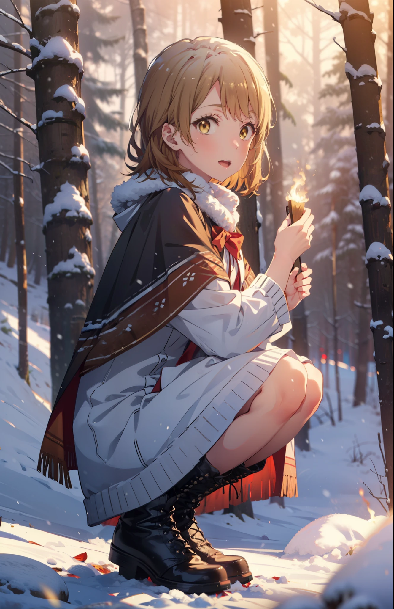 Irohaisshiki, isshiki iroha, short hair, Brown Hair, (Brown eyes:1.5), smile,
Open your mouth,snow, fire, Outdoor, boots, snowing, From the side, wood, suitcase, Cape, Blurred, Eat food, forest,nature, Brown eyes,Squat, Mouth closed, フードed Cape, winter, Written boundary depth, Black shoes, red Cape break looking at viewer, Upper Body, whole body, break Outdoor, forest, nature, break (masterpiece:1.2), Highest quality, High resolution, unity 8k wallpaper, (shape:0.8), (Beautiful and beautiful eyes:1.6), Highly detailed face, Perfect lighting, Extremely detailed CG, (Perfect hands, Perfect Anatomy),