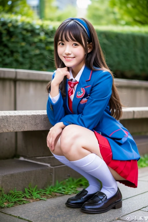 歩道でsquatかわいい18歳の女の子,Red Tie Uniform,Dark Blue Blazer,Blue checked mini skirt,bangs,A small smile,Thighs,knees,Random Pause，pretty girl，Slender girl，squat，

