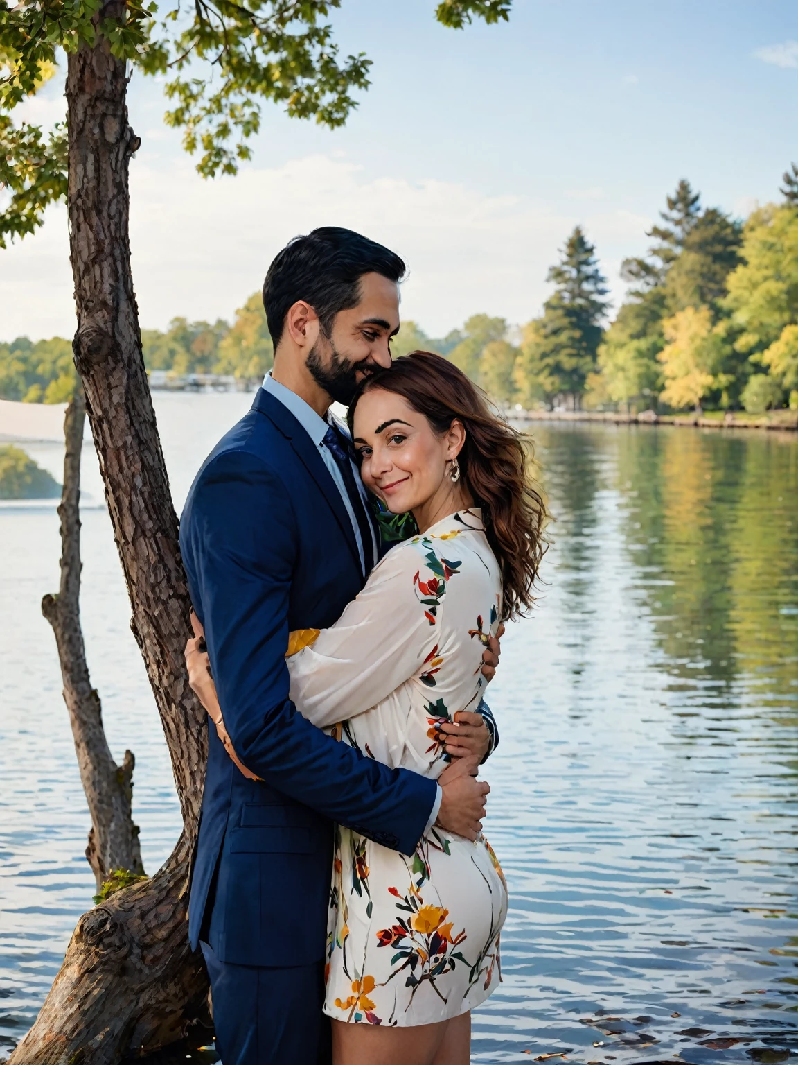 there is a man and woman hugging by the water, finally, karolina cummings, taken in the early 2020s, couples portrait, alex miranda, commissioned, photo from 2022, portrait, with a tree in the background, happy couple, profile picture, couple portrait, millaise and greg rutkowski, commercial photo, by Kathleen Scott