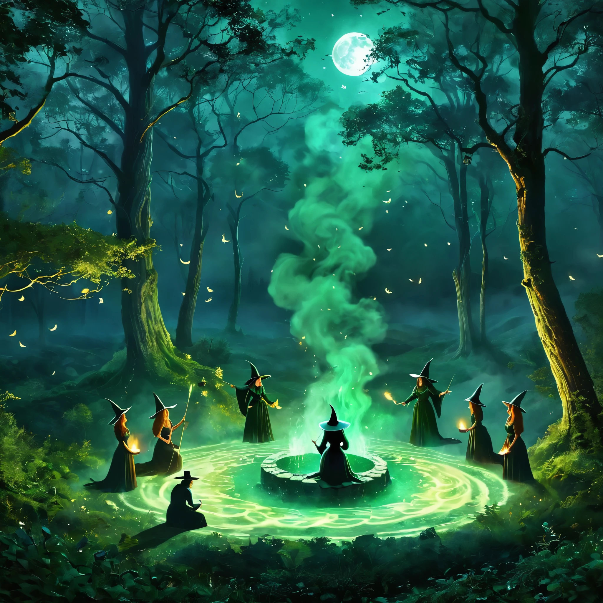 Generate a scene of a secret witches' coven performing a midnight ritual in a moonlit forest. Incorporate swirling mists and mystical symbols.