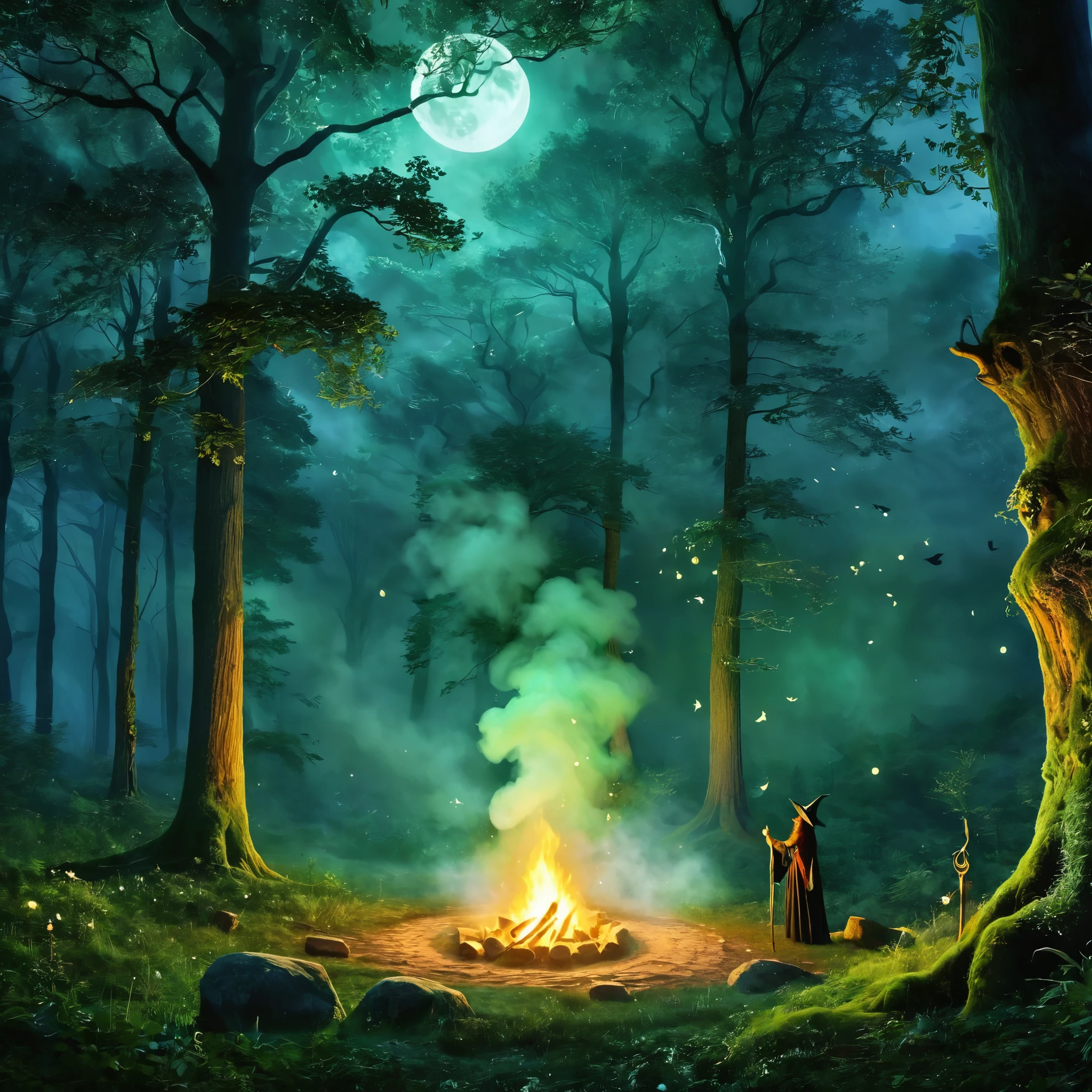 Generate a scene of a secret witches' coven performing a midnight ritual in a moonlit forest. Incorporate swirling mists and mystical symbols.