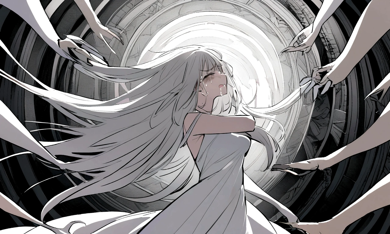 black and white drawing, giant clockwork background, beautiful woman 1, white long straight hair, white hair, wearing a white dress, get sucked in, dragged into a machine, dragged by the machine, seep into the machine