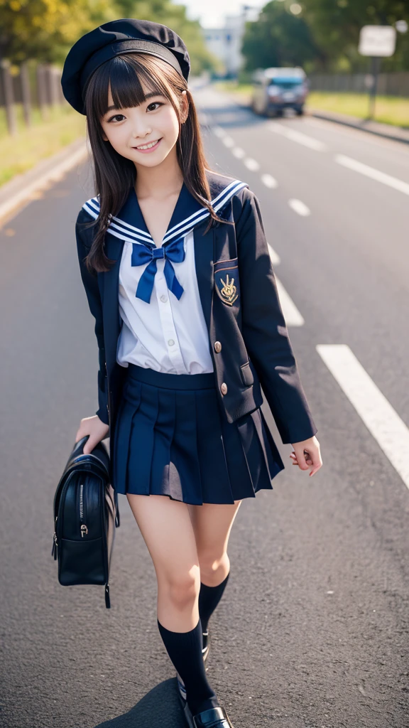 masterpiece, best quality, ultra-detailed, nsfw, simple_background, 1girl, solo, cowboy shot, black eyes, (tsurime), (((smile))),black hair, (((school uniform))),(((sailor suit))), (((cleft of venus))), (((younger))), (blunt bangs), (short stature), ((((bottomless)))),(((No panties))),(((pussy))),(bow tie),(student bag), ((walk on the road))