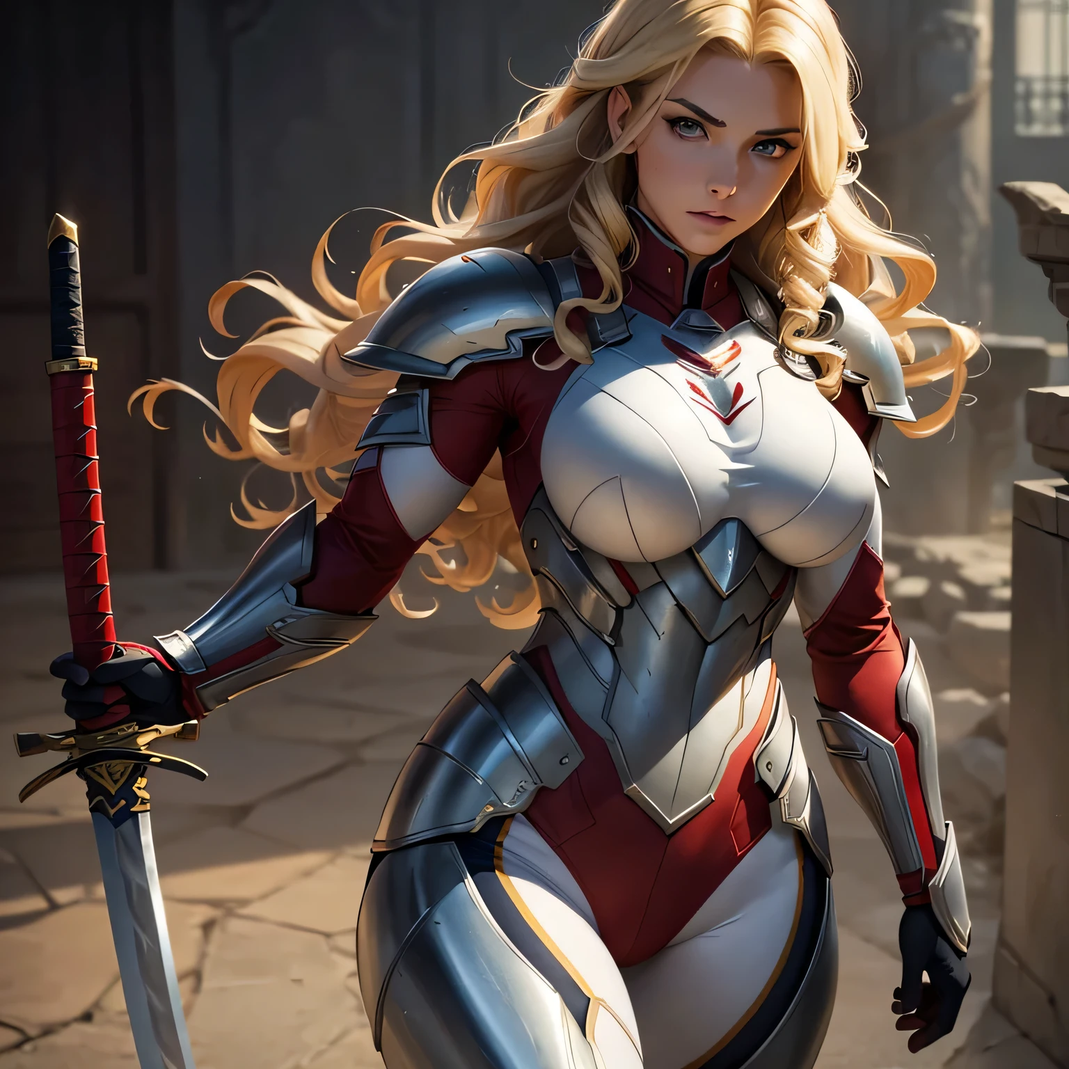 masterpiece, best quality, agrias, a woman, solo, wearing full red and white, widow suit, standing, blonde hair, high leg, mid curly hair , muscular , detailed face, muscular detailed face, age 22,superhero, big breast, blue eyes, Katana on hand, smaurai light armor