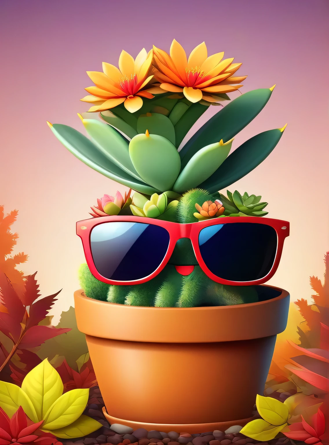 happy succulent plant wearing sunglasses, flower on his head, in autumn season, illustration, no humans, looking at viewer, solo, portrait, vector art,