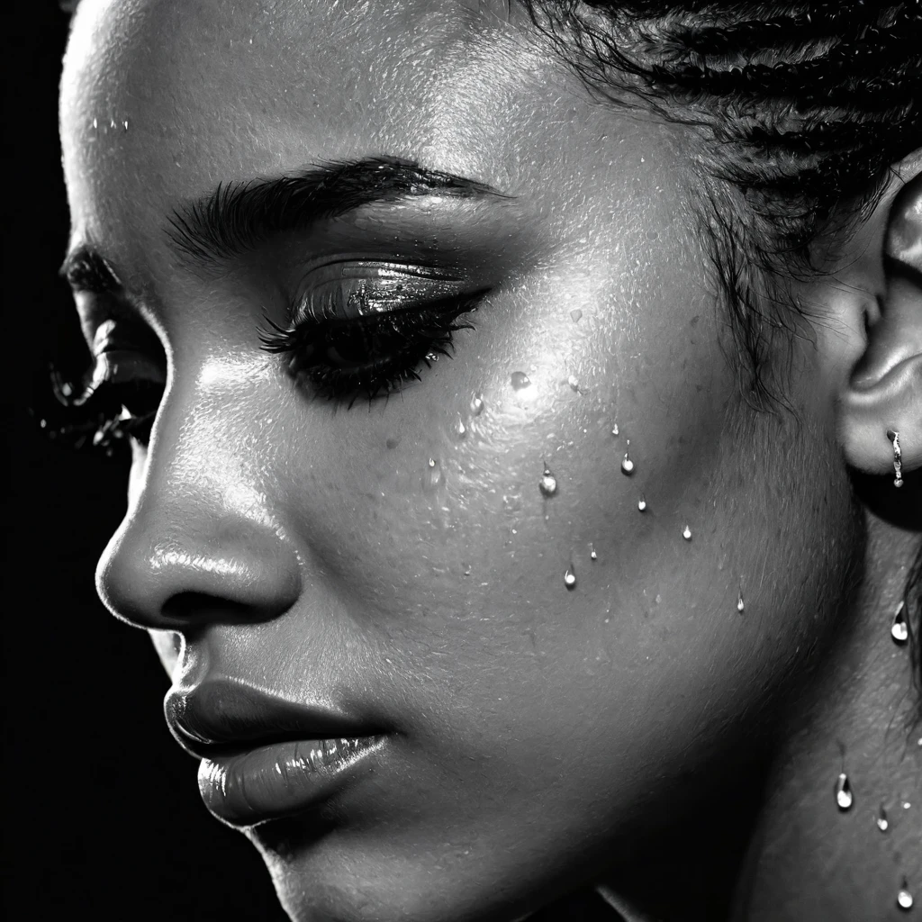 close up and zoomed in on a beautiful depressed emotional sad crying black girl with crying a single teardrop running down her face and a black background, sad, depressed, emotinoal, close up on side profile only showing cheek and eyelight falling on face, noir photorealism, mysterious portrait of a woman, chiaroscuro portrait, close up on side profile, tinashe, zoe kravitz, zoomed in on tear drop, euphoria vibes, tears, crying, black and white, dark