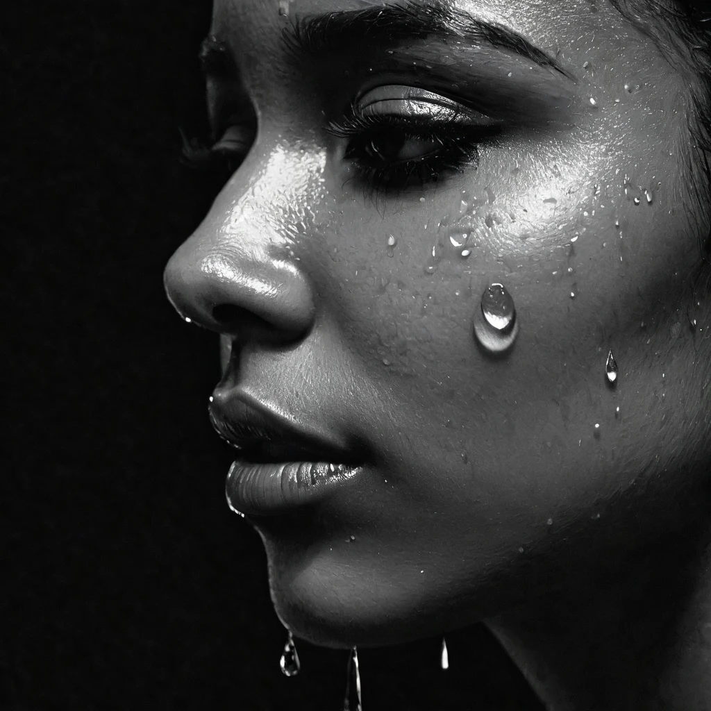 close up and zoomed in on a beautiful depressed emotional sad crying black girl with crying a single teardrop running down her face and a black background, sad, depressed, emotinoal, close up on side profile only showing cheek and eyelight falling on face, noir photorealism, mysterious portrait of a woman, chiaroscuro portrait, close up on side profile, tinashe, zoe kravitz, zoomed in on tear drop, euphoria vibes, tears, crying, black and white, dark