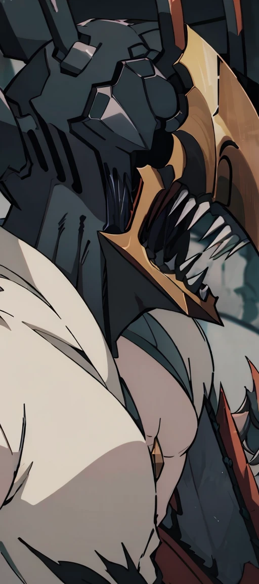 A demon from the anime Chainsaw Man, It has a hybrid hammer head, Warhammer Head, he has a gray muscular body, wearing no shirt, fully body, black hands, and look fierce, Human lips, bonitas, handsome, simple background.