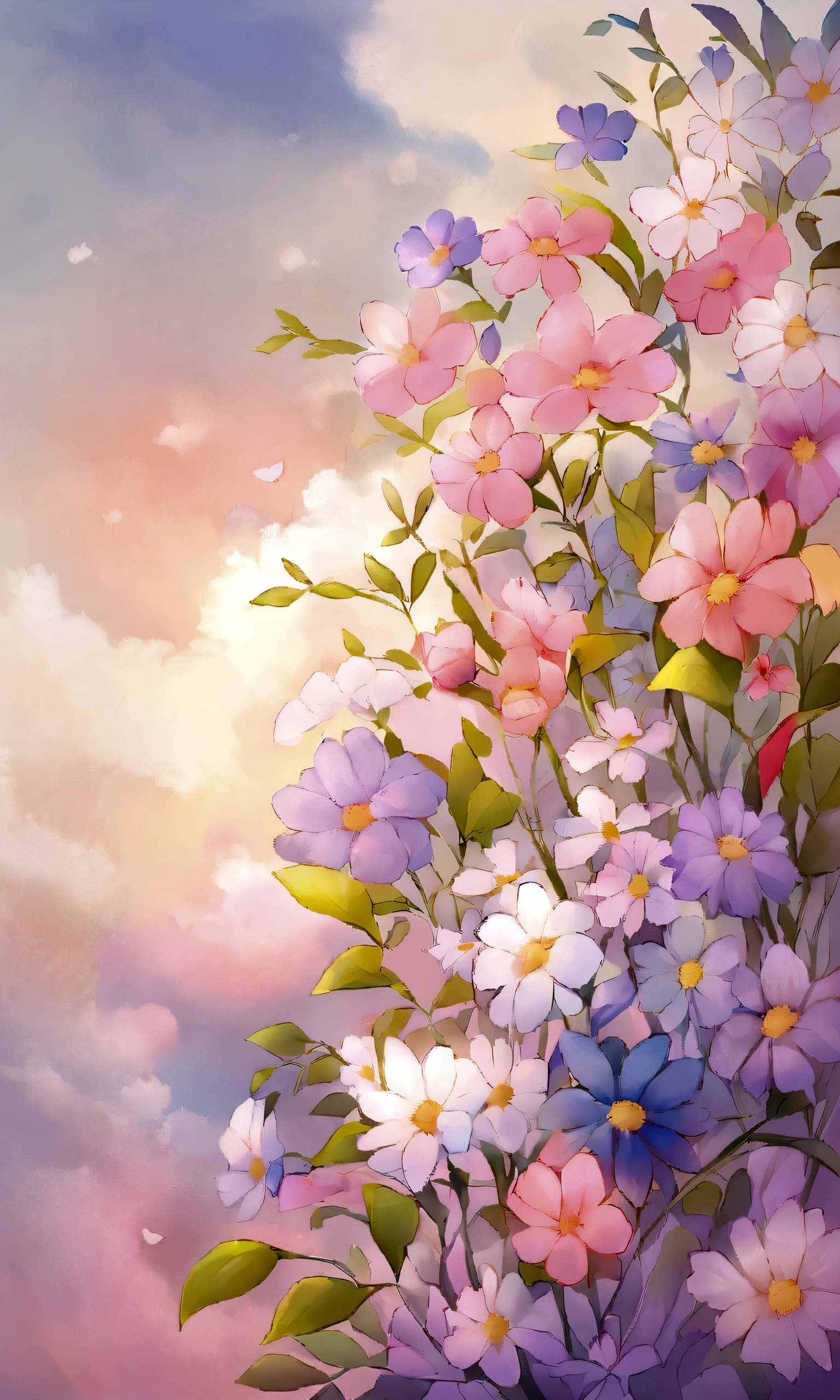 Draw an abstract painting of a flower.,Light dandelion fluff、Aesthetic composition,simple style, Soft and warm touch、The main color palette of the work is soft pastel colors.、When looking at this picture, you、interplay of color and texture、Immerse yourself in the gentle atmosphere