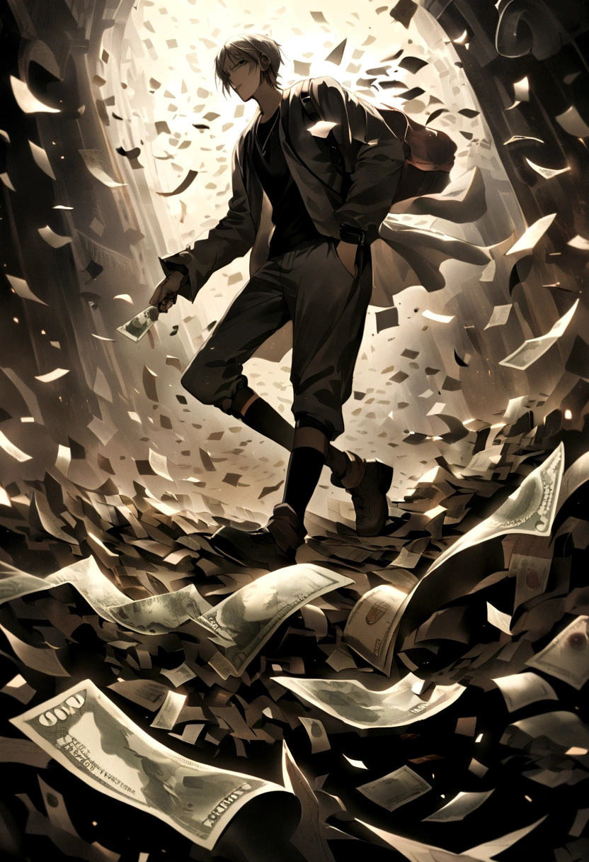 A beggar suddenly becomes rich，Eyeballs protrude beyond the sockets，Holding a big dollar bill in his hand，The floor was strewn with scattered notes，Notes also floating in the air。The air is filled with the smell of materialism。