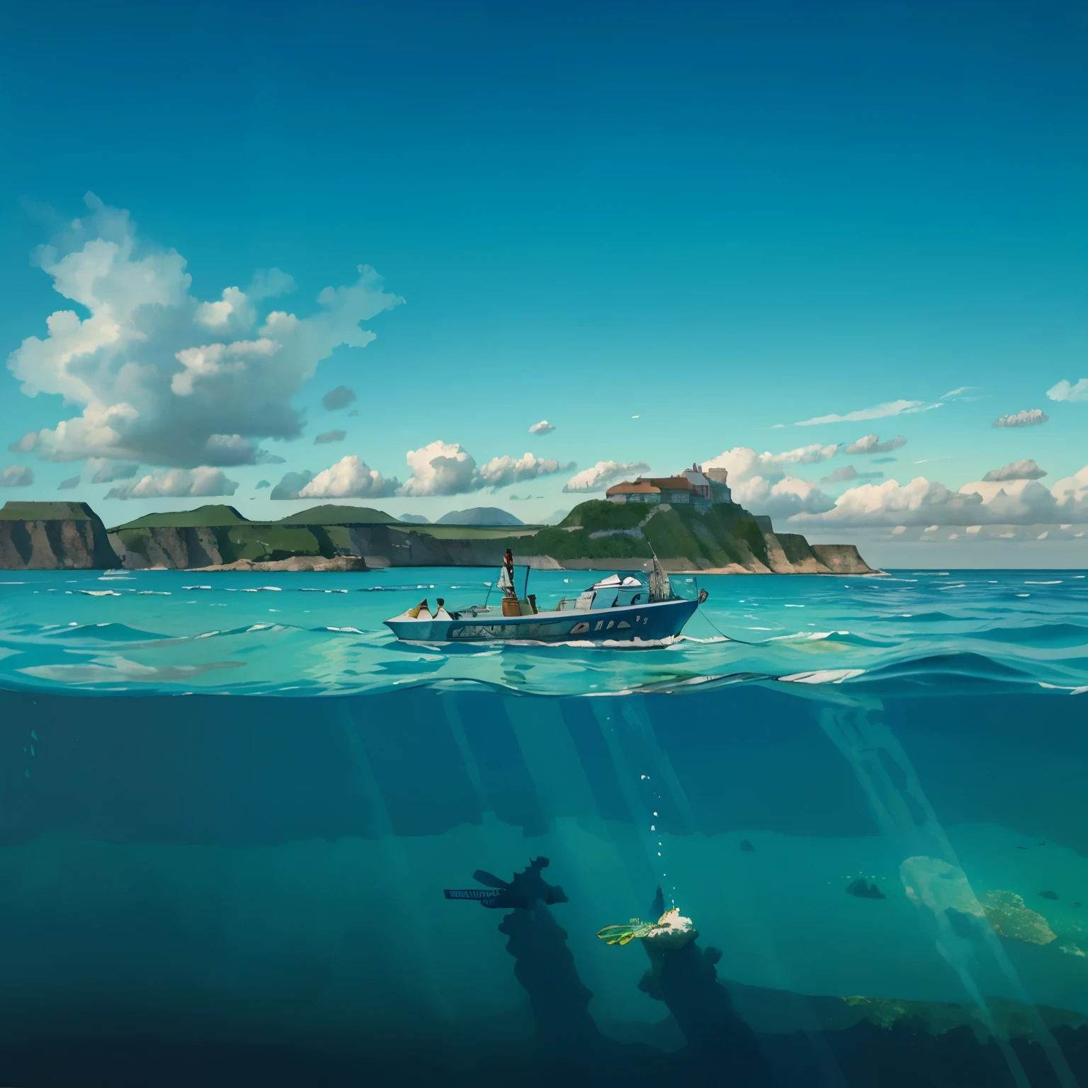 hand painted painting divided in half sky above blue full of beautiful clouds, horizon with hills, houses, tourist coastal town and in the water underwater divers exploring sea crags and cliffs with corals the underwater depths
