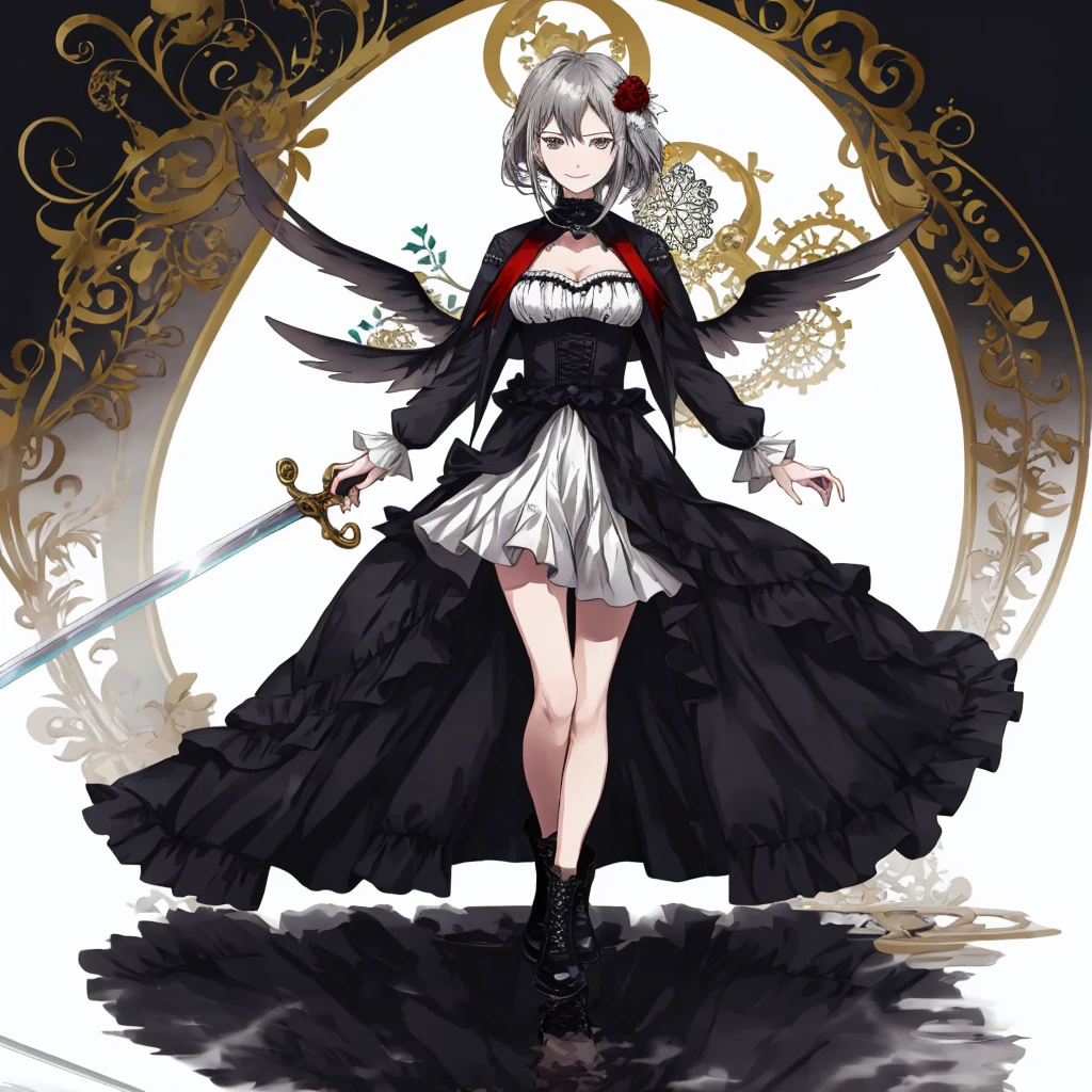  ((best quality)), ((masterpiece)), (detailed), 1girl, Character design, female, dynamic poses, long white grey hair, grey white eyes, very skinny, detailed, best quality, no accesoires around the neck, prominent collarbones, skinny arms, full body, blank white background, plain background, white background, ((red and white clothing)), Bloodborne inspired, occult aesthetic, occult, detailed and intricate steampunk and detailed gothic, Very dramatic and cinematic lighting, cosmic horror, grim-dark, side-lighting, perfect face,  Fluttering lace flared long knee length dress with frilly petticoats, knee length dress, pleated petticoats, petticoats gothic, complex lace boots, side-lighting, gothic aesthetic, wielding a mighty sword with mechanical components, mandalas, small breasts, a fairy, various different types of insect wings,full body, whole body, white holy clothes,white holy clothes,((evil smile)),