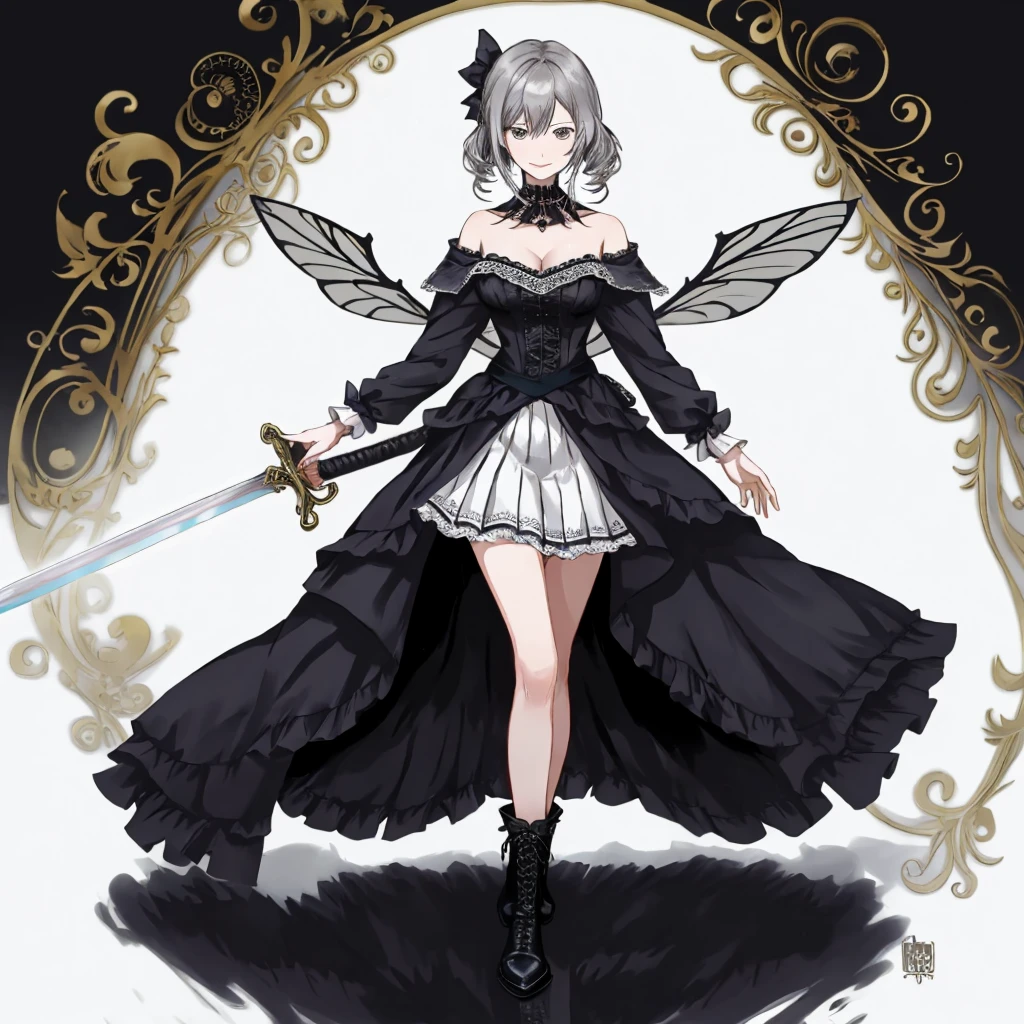  ((best quality)), ((masterpiece)), (detailed), 1girl, Character design, female, dynamic poses, long white grey hair, grey white eyes, very skinny, detailed, best quality, no accesoires around the neck, prominent collarbones, skinny arms, full body, blank white background, plain background, white background, ((red and white clothing)), Bloodborne inspired, occult aesthetic, occult, detailed and intricate steampunk and detailed gothic, Very dramatic and cinematic lighting, cosmic horror, grim-dark, side-lighting, perfect face,  Fluttering lace flared long knee length dress with frilly petticoats, knee length dress, pleated petticoats, petticoats gothic, complex lace boots, side-lighting, gothic aesthetic, wielding a mighty sword with mechanical components, mandalas, small breasts, a fairy, various different types of insect wings,full body, whole body, white holy clothes,white holy clothes,((evil smile)),