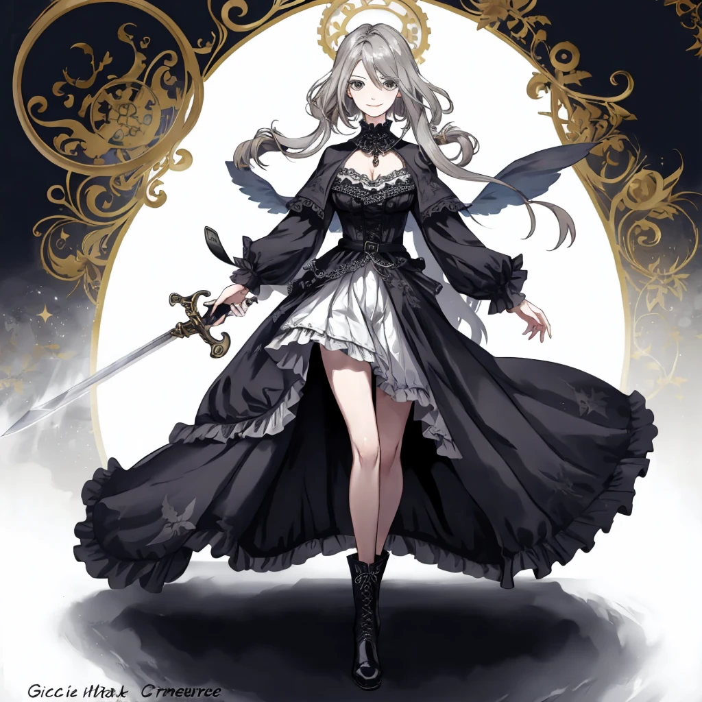  ((best quality)), ((masterpiece)), (detailed), 1girl, Character design, female, dynamic poses, long white grey hair, grey white eyes, very skinny, detailed, best quality, no accesoires around the neck, prominent collarbones, skinny arms, full body, blank white background, plain background, white background, ((red and white clothing)), Bloodborne inspired, occult aesthetic, occult, detailed and intricate steampunk and detailed gothic, Very dramatic and cinematic lighting, cosmic horror, grim-dark, side-lighting, perfect face,  Fluttering lace flared long knee length dress with frilly petticoats, knee length dress, pleated petticoats, petticoats gothic, complex lace boots, side-lighting, gothic aesthetic, wielding a mighty sword with mechanical components, mandalas, small breasts, a fairy, various different types of insect wings,full body, whole body, white holy clothes,white holy clothes,((evil smile)),