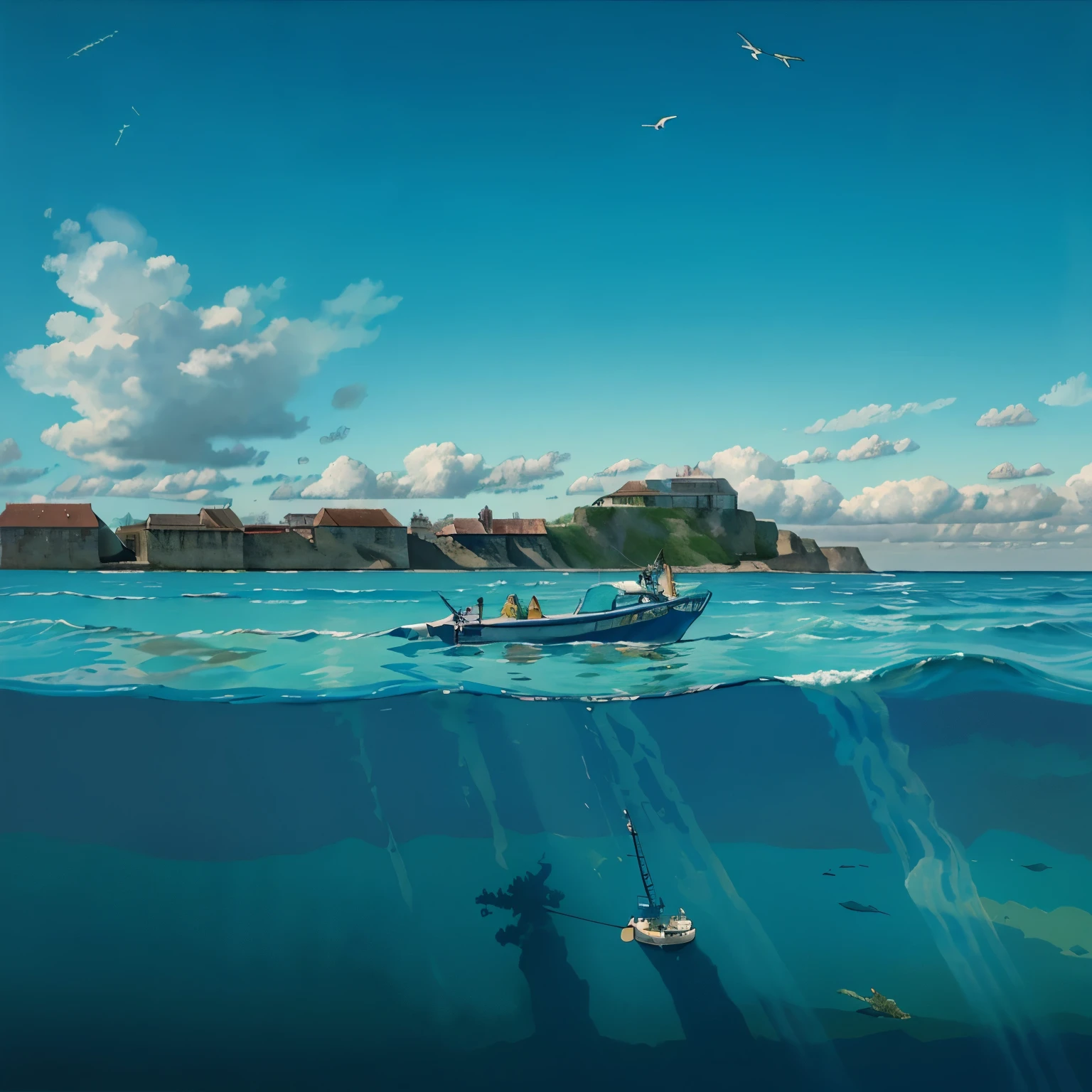 hand painted painting divided in half sky above blue full of beautiful clouds, horizon with hills, houses, tourist coastal town and in the water underwater divers exploring sea crags and cliffs with corals the underwater depths