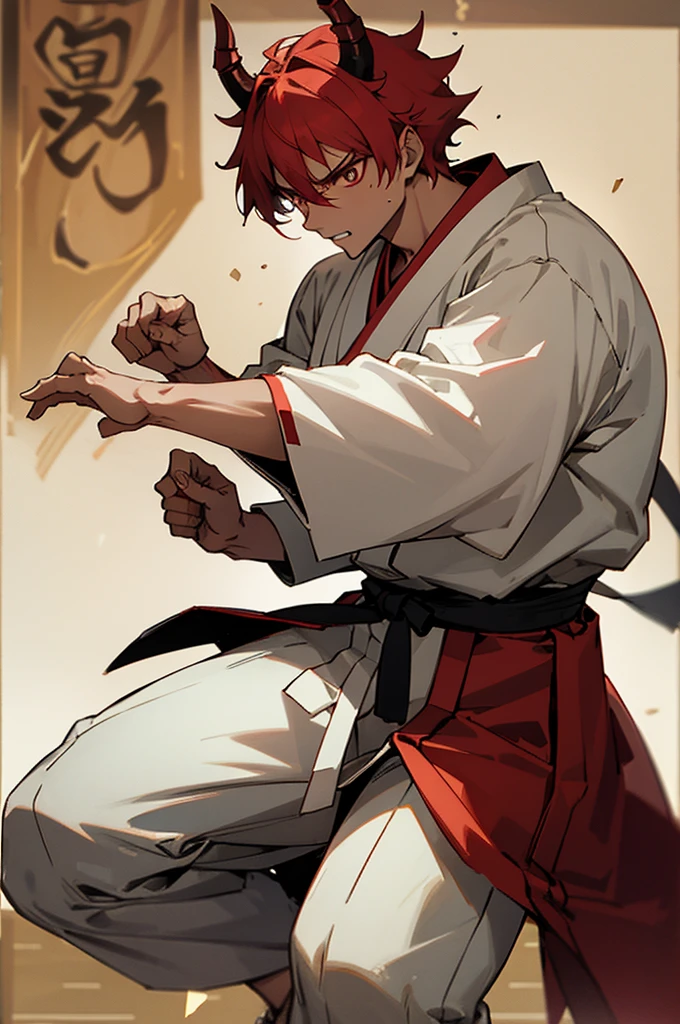 Haori, Adult, Male, Demon, Demon Skin Color, Temple Background, Martial artist Gi, Fighting pose.