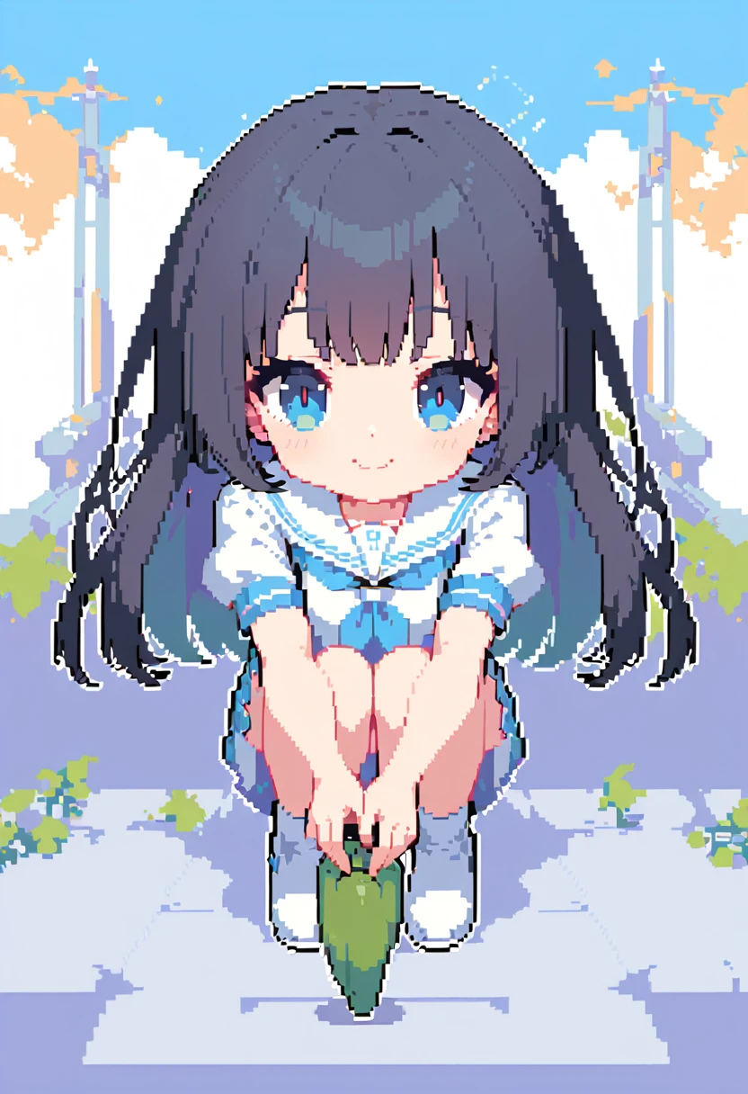 Pixel Art, An anime-style young girl with short bluely black hair, large blue eyes, a plain white long T-shirt sailor uniform reaching to her knees, standing straight, holding a green pepper, smiling, electronic near-future vibe.