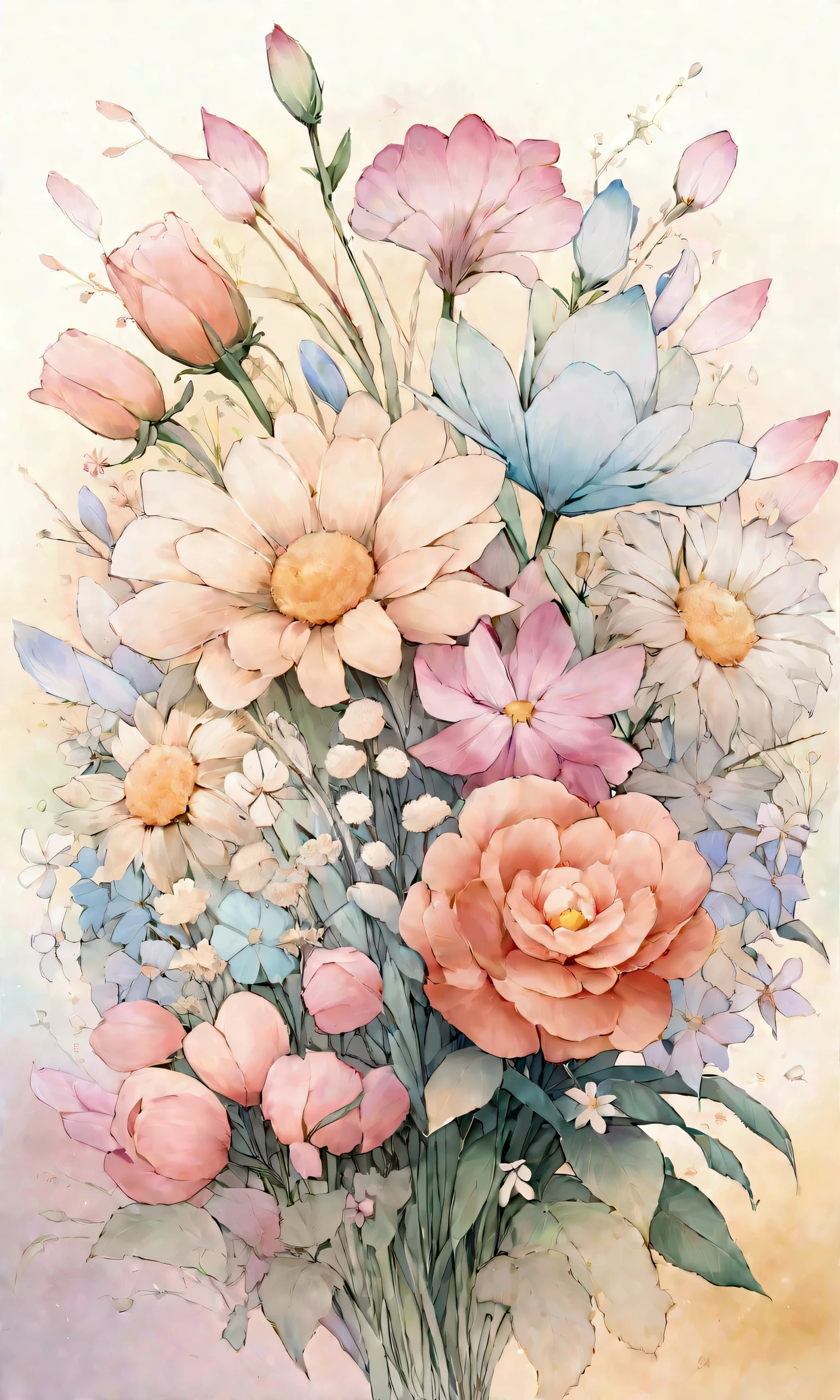 Draw an abstract painting of a flower.,Light dandelion fluff、Aesthetic composition,simple style, Soft and warm touch、The main color palette of the work is soft pastel colors.、When looking at this picture, you、interplay of color and texture、Immerse yourself in the gentle atmosphere