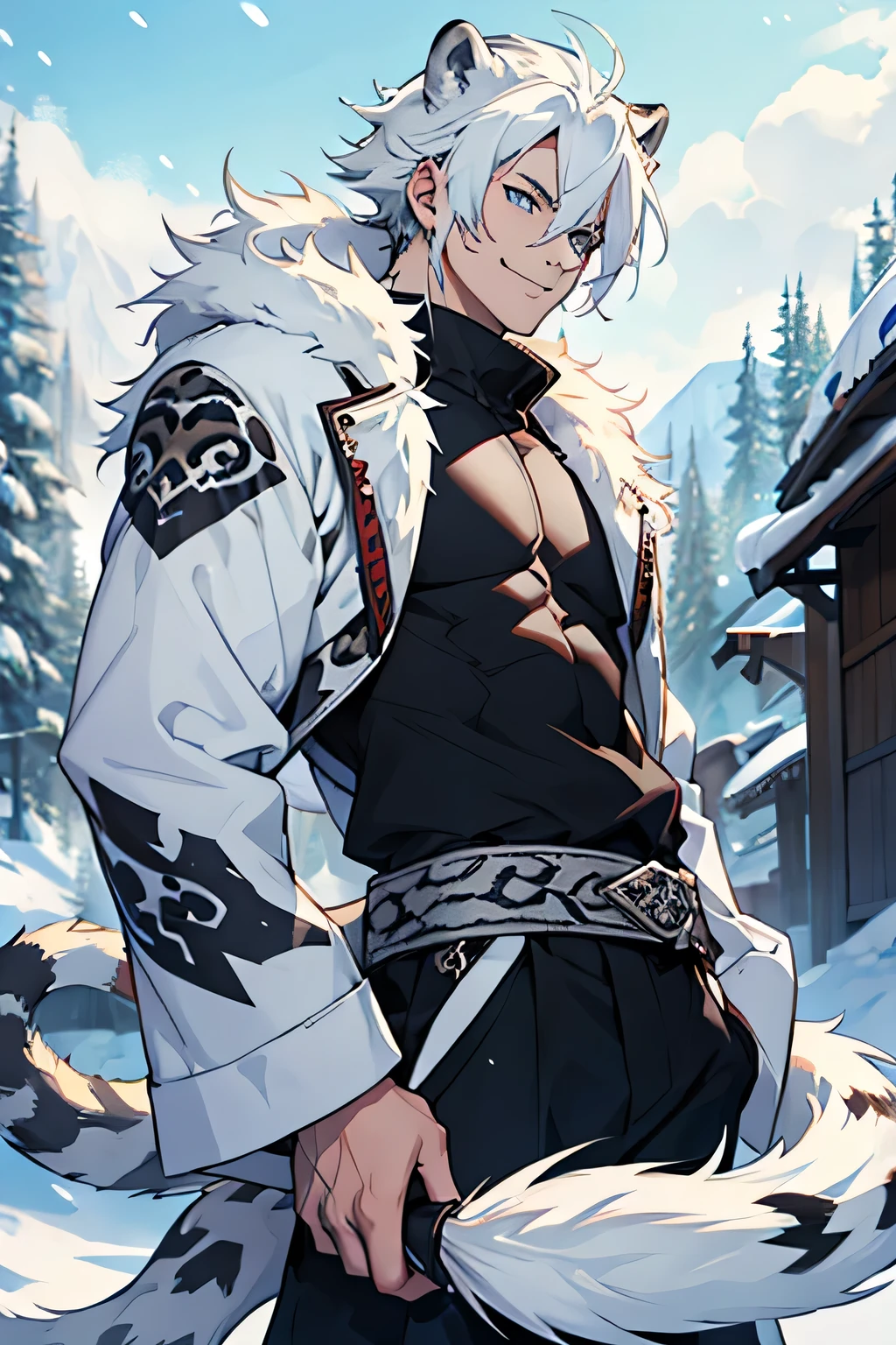 man, white skin, smile, strong, spiky white hair, anime style, snow leopard ears and tail
