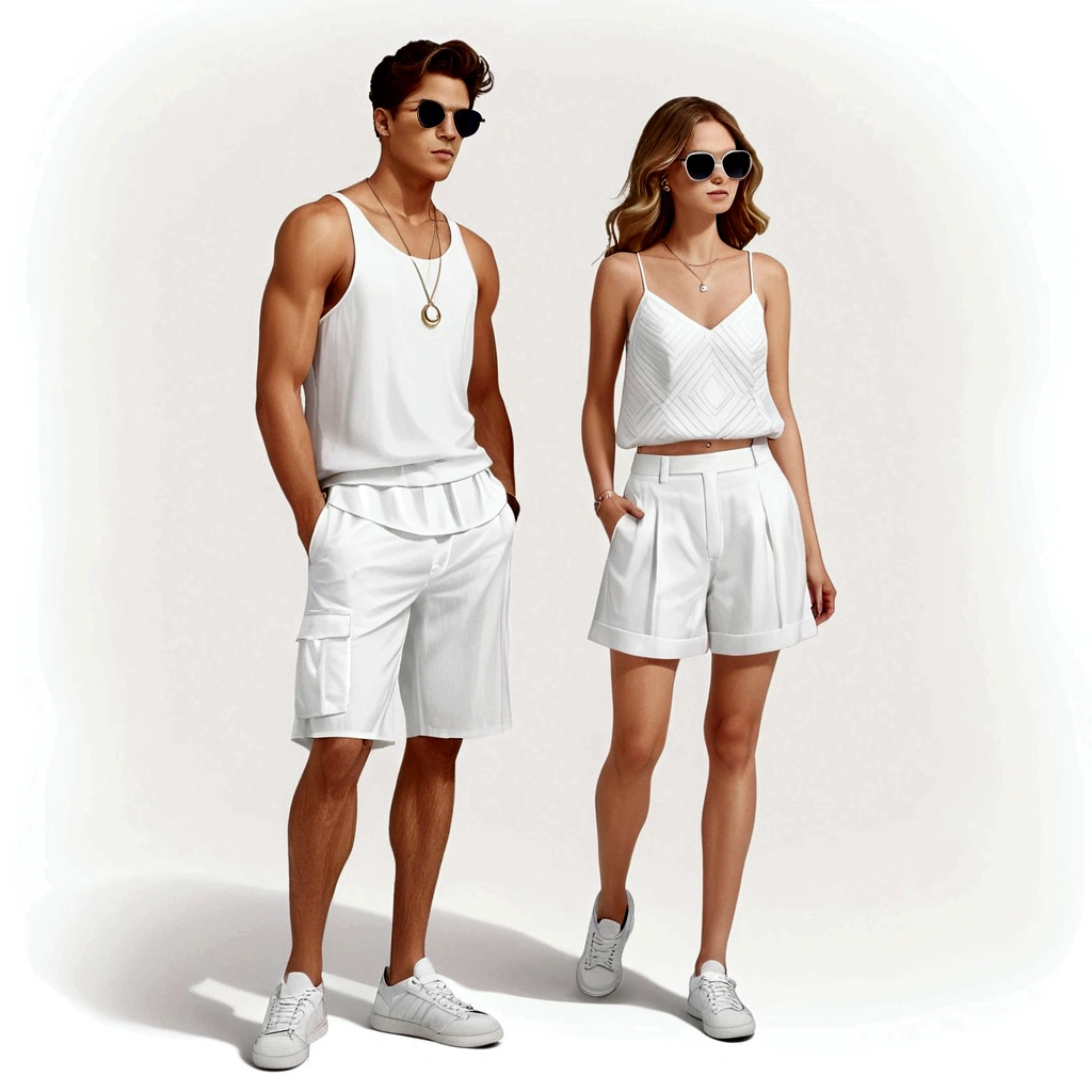 candid fashion illustration of young man and woman, both aged 20 year old, ((showcase fashion in a White cotton-rayon outfits)),  inspired by JACQUARD's spring-summer collection in elegant luxury style, The man wears an oversized short-sleeved white shirt with a sporty details, paired with relaxed-fit white Sports Shorts with semi hard bulge, He completes his look with white sneakers and sunglasses. The woman complements him in Ankle-length dress in white and spaghetti shoulder straps, with Gathered detail tiers down the skirt and hem, Her ensemble includes an accessorizes white sneakers and full of necklace. Captured in a low angle, ((full-body image)), (full-body pose)), ((white studio background)), realistic color pencil lines, perfect drawing, charcoal lines, fading sketch, quick Sketch, soft light, 