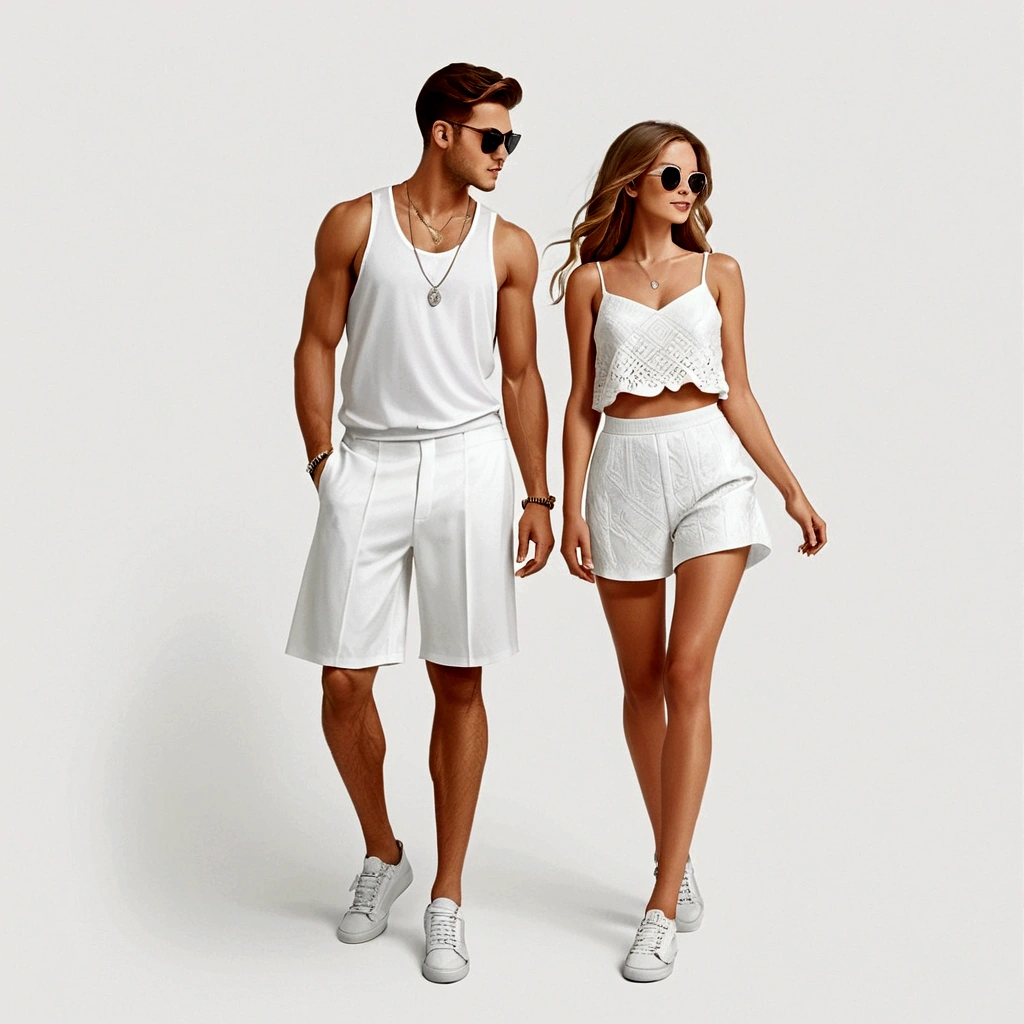 candid fashion illustration of young man and woman, both aged 20 year old, ((showcase fashion in a White cotton-rayon outfits)),  inspired by JACQUARD's spring-summer collection in elegant luxury style, The man wears an oversized short-sleeved white shirt with a sporty details, paired with relaxed-fit white Sports Shorts with semi hard bulge, He completes his look with white sneakers and sunglasses. The woman complements him in Ankle-length dress in white and spaghetti shoulder straps, with Gathered detail tiers down the skirt and hem, Her ensemble includes an accessorizes white sneakers and full of necklace. Captured in a low angle, ((full-body image)), (full-body pose)), ((white studio background)), realistic color pencil lines, perfect drawing, charcoal lines, fading sketch, quick Sketch, soft light, 