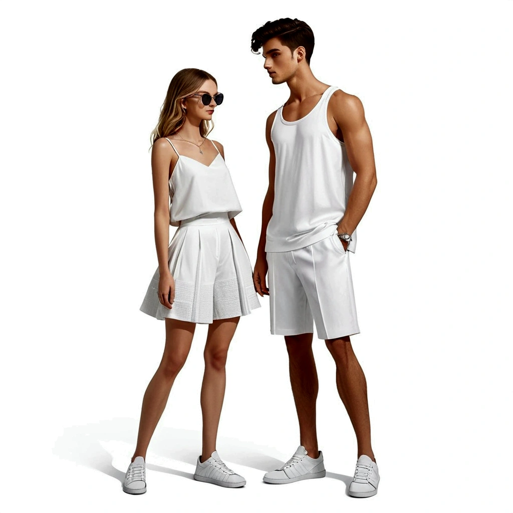 candid fashion illustration of young man and woman, both aged 20 year old, ((showcase fashion in a White cotton-rayon outfits)),  inspired by JACQUARD's spring-summer collection in elegant luxury style, The man wears an oversized short-sleeved white shirt with a sporty details, paired with relaxed-fit white Sports Shorts with semi hard bulge, He completes his look with white sneakers and sunglasses. The woman complements him in Ankle-length dress in white and spaghetti shoulder straps, with Gathered detail tiers down the skirt and hem, Her ensemble includes an accessorizes white sneakers and full of necklace. Captured in a low angle, ((full-body image)), (full-body pose)), ((white studio background)), realistic color pencil lines, perfect drawing, charcoal lines, fading sketch, quick Sketch, soft light, 