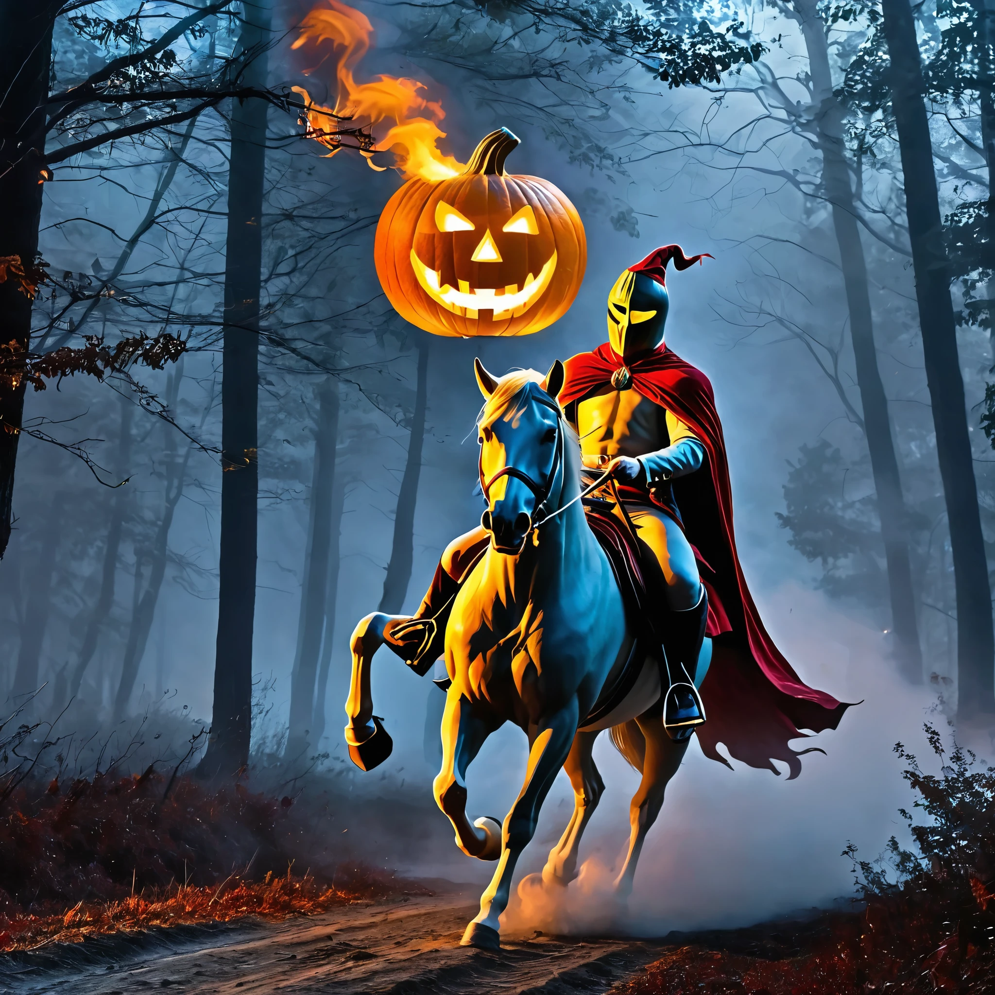 Capture the iconic moment of the Headless Horseman riding through a moonlit, foggy forest with a flaming pumpkin head