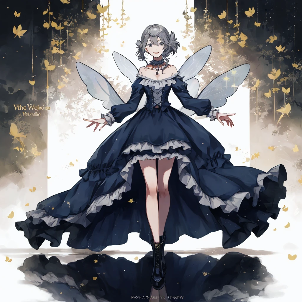 ((best quality)), ((masterpiece)), (detailed), 1girl, Character design, female, dynamic poses, long white grey hair, grey white eyes, very skinny, detailed, best quality, no accesoires around the neck, prominent collarbones, skinny arms, full body, blank white background, plain background, white background, ((red and white clothing)), Bloodborne inspired, occult aesthetic, occult, detailed and intricate steampunk and detailed gothic, Very dramatic and cinematic lighting, cosmic horror, grim-dark, side-lighting, perfect face, Fluttering lace flared long knee length dress with frilly petticoats, knee length dress, pleated petticoats, petticoats gothic, complex lace boots, side-lighting, gothic aesthetic, wielding a mighty sword with mechanical components, mandalas, small breasts, a fairy, various different types of insect wings,full body, whole body, white holy clothes,white holy clothes,((evil smile)),