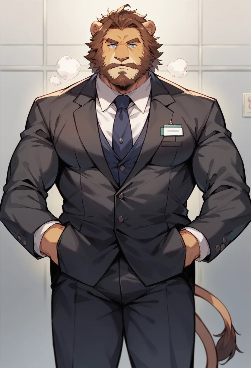 lion,personification,Mature male,Bad Uncle,beard,Cold expression,Blue pupils,Brown eyebrows,Black suit suit,Hands in pockets,The Age of Steam,Hospital Office。