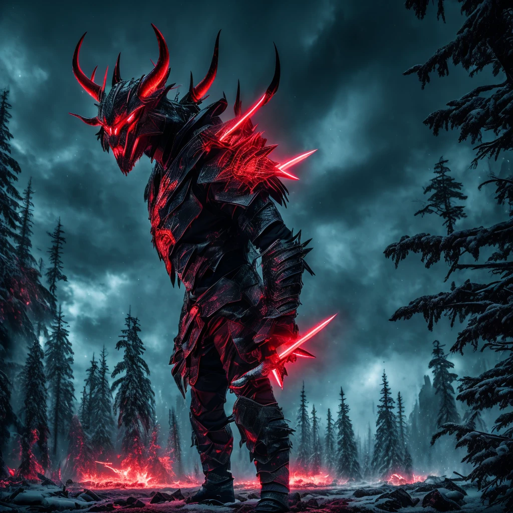 a giant beastly creature, humanoid creature with horns, neon red eyes, icy forest landscape, warrior facing the creature, warrior with a long sword, dark starry sky, (best quality,8k,ultra-detailed,vivid colors,realistic,masterpiece:1.2),dark fantasy,dramatic lighting,cinematic composition,wide angle,wide view,three-headed creature