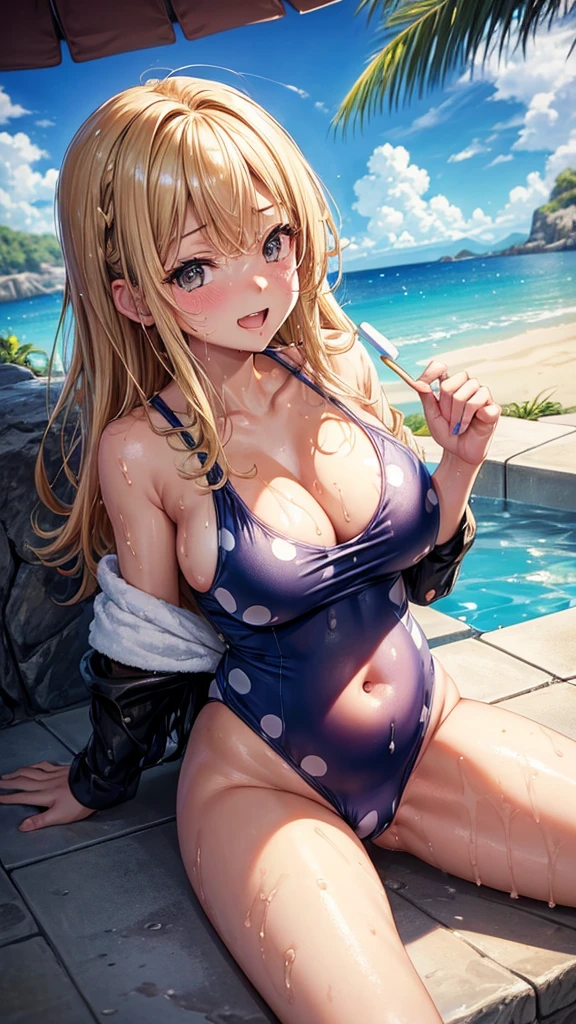 (highest quality)), ((masterpiece)), (family friendly), Perfect Face,Shiny skin,Beautiful breasts,Kyoto Animation style drawing,Shiny skin、hoodie、Sunburned skin、Sweat、Off the shoulder、((Polka dot swimsuit))、Double teeth、Sit on a chair、(((Leg spread)))
、Young、Big Breasts、Embrace、hot spring、dark skin、close、near、Having popsicles、night、Blonde、bath towel、(((Belly button)))、(((wet)))