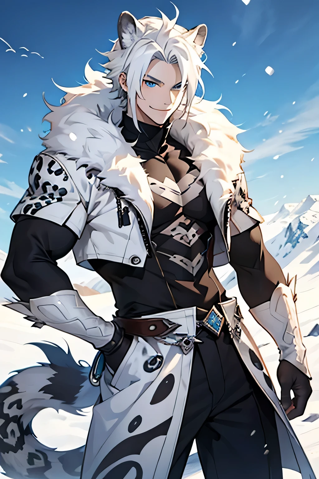 man, white skin, smile, strong, spiky white hair, anime style, snow leopard ears and tail