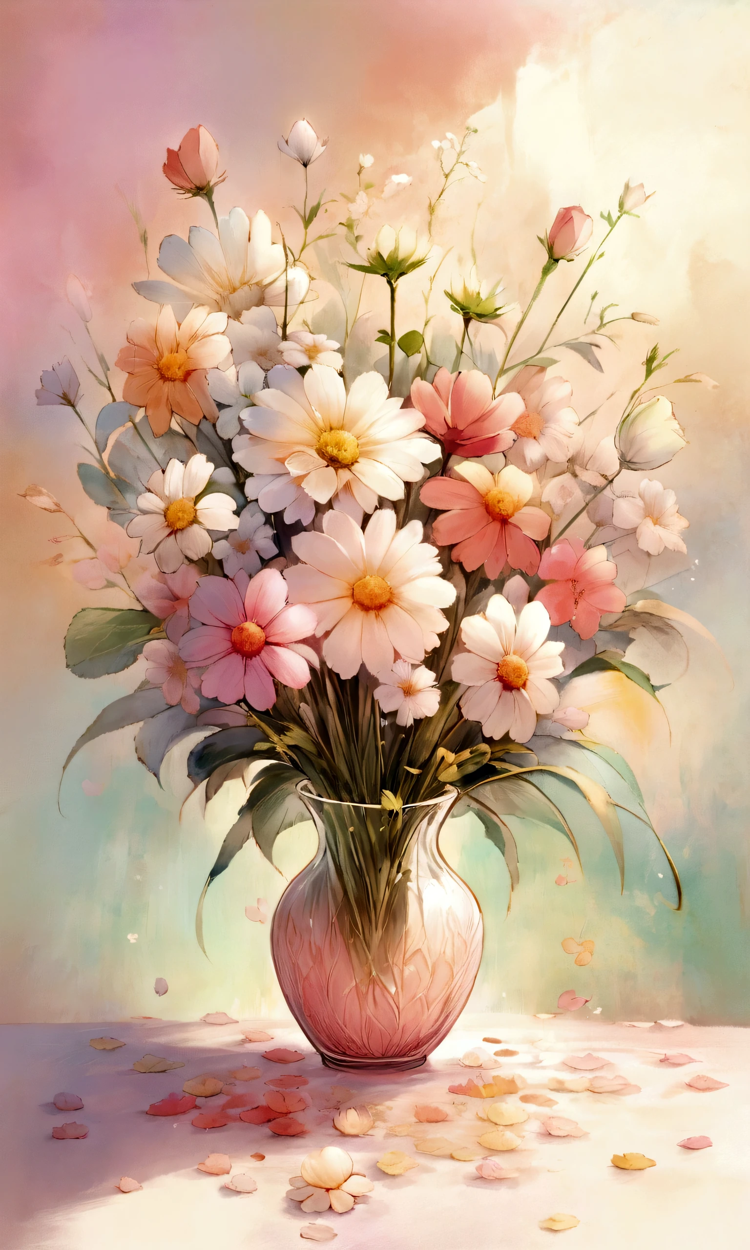 Draw an abstract painting of a flower.,Light dandelion fluff、Aesthetic composition，simple style, Soft and warm touch、The main color palette of the work is soft pastel colors.、When looking at this picture, you、interplay of color and texture、Immerse yourself in the gentle atmosphere