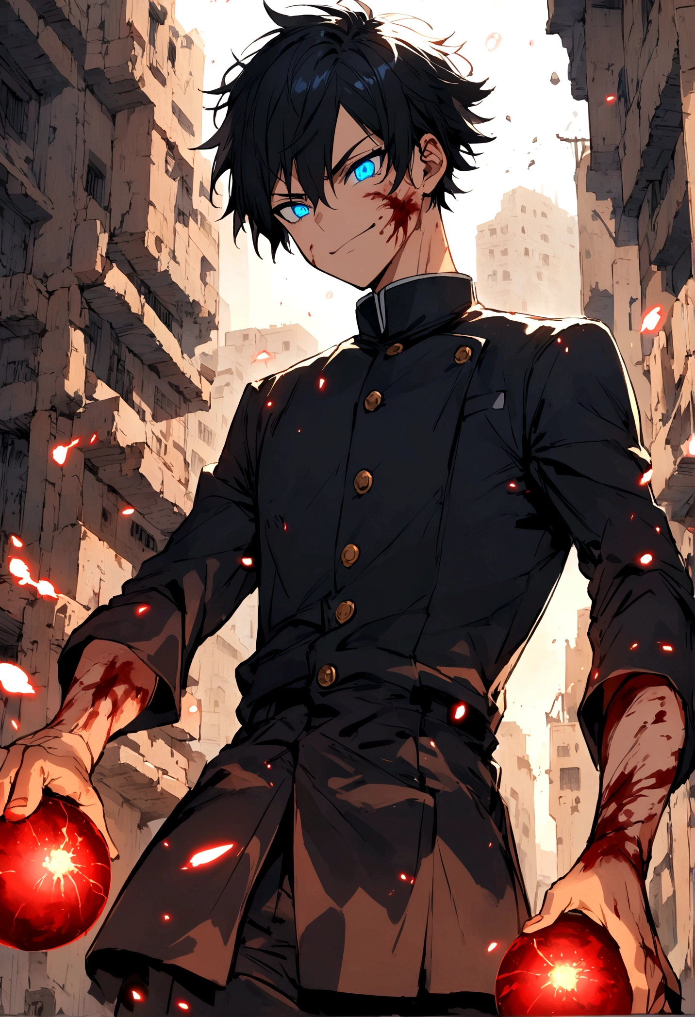 Anime ager boy who has Black hair with glowing blue eyes that looks like gojo's eyes wearing Jujutsu high uniform charging red glowing light ball while smirking with his mouth opened as his eyes glowing blue and wide opened looks so rare background city ruins his face was covered with blood and he has some body injuries as he's about to shoot the red blast in a fighting scene
