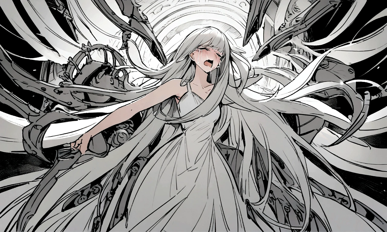 black and white drawing, giant clockwork background, beautiful woman 1, white long straight hair, white hair, wearing a white dress, get sucked in, 기계로 get sucked in, be sucked into a machine, seep into the machine